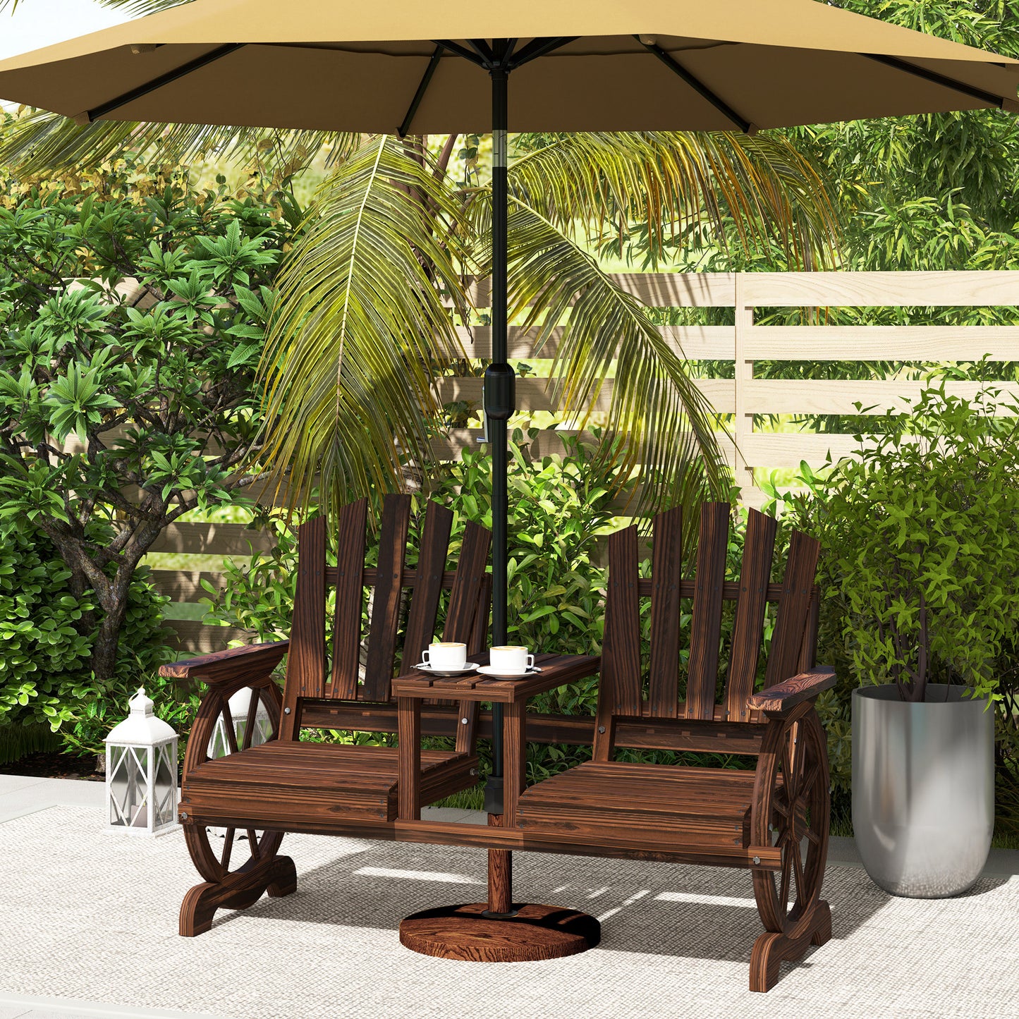 Wooden Outdoor Loveseat, Wagon Wheel Outdoor Bench with Table, Carbonized