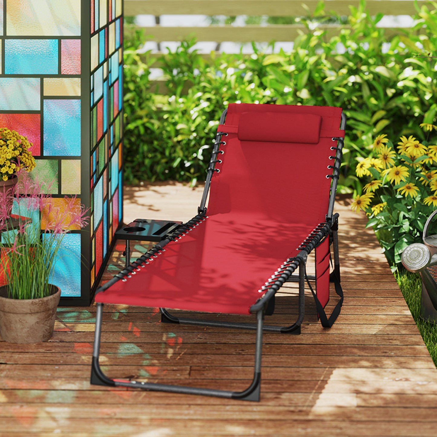 Folding Lounge Chair, Outdoor Chaise Lounge Tanning Chair with Adjustable Back, Side Table, Headrest, Black
