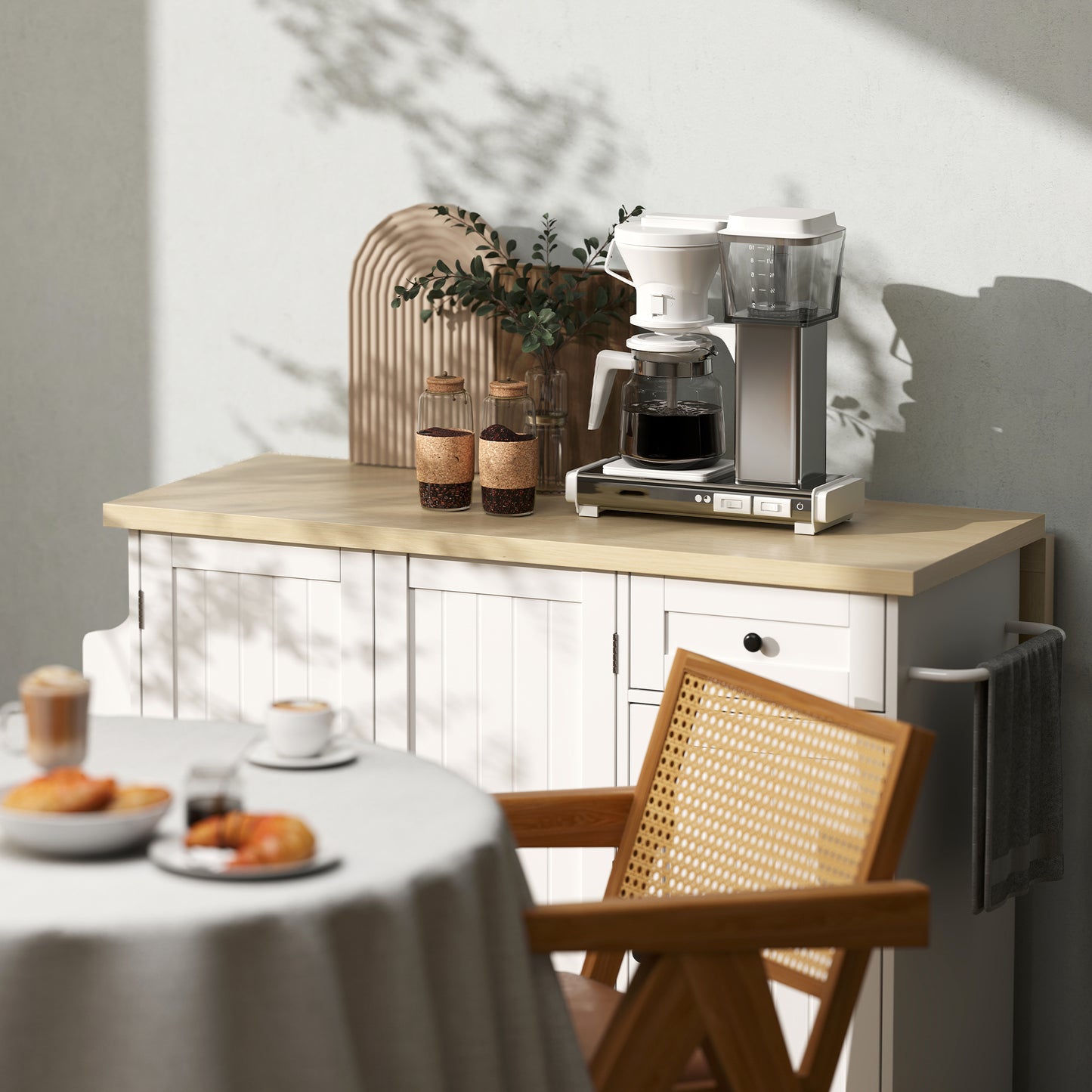 Kitchen Island Cart, Rolling Kitchen Island Table with Drop Leaf, Drawer, Spice and Towel Rack, White
