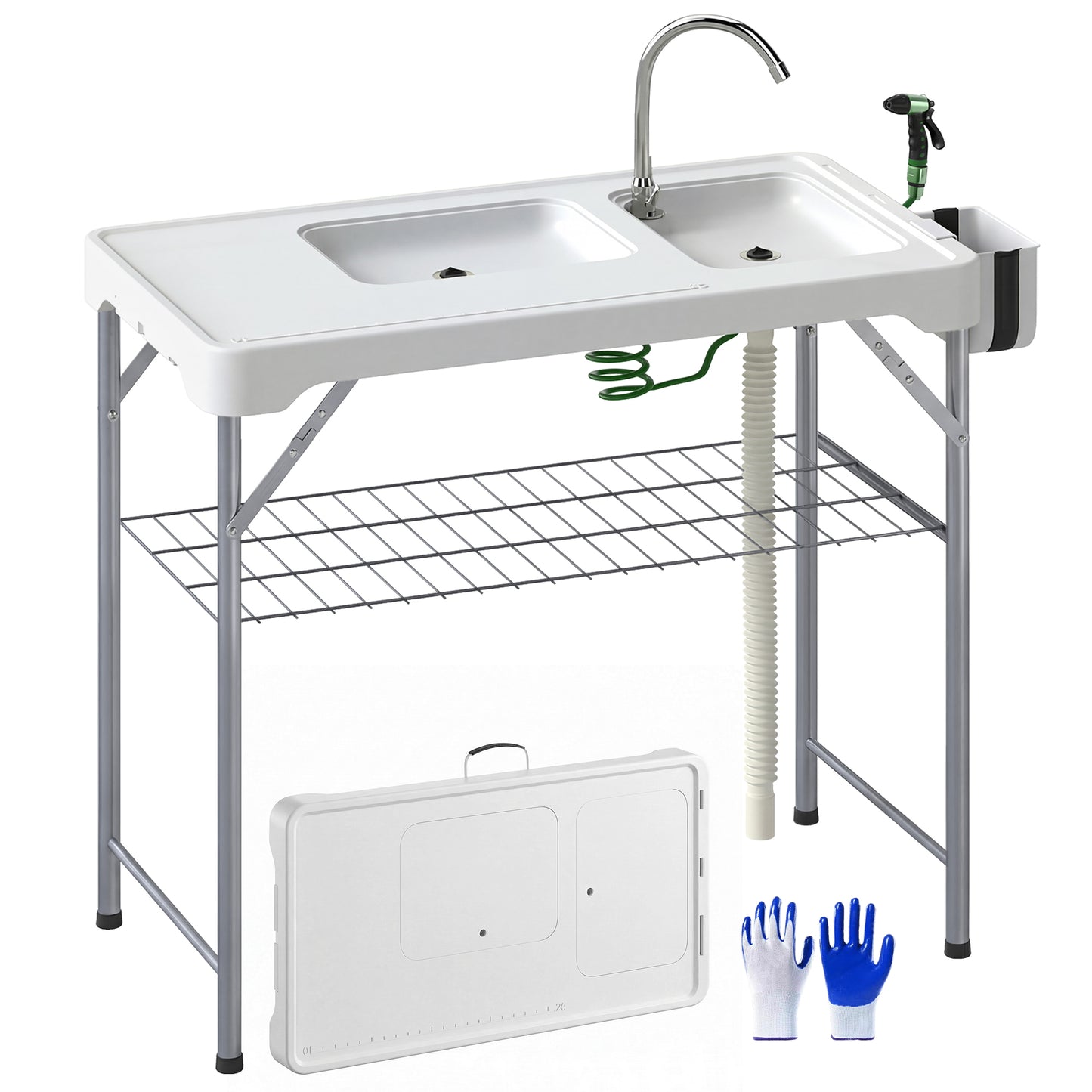 Folding Fish Cleaning Table with Sinks, Camping Sink with Faucet Drainage Hose Sprayer Shelf Drawer Storage Basket, Outdoor Sink Station for Beach Patio Picnic, White