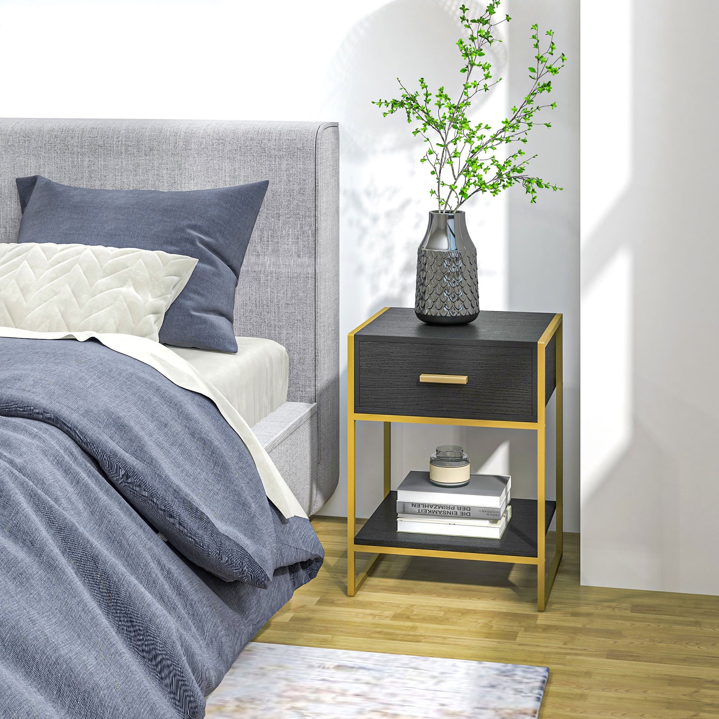 Modern Nightstand Set Of 2, Small Bedside Table with Drawer, Shelf and Steel Frame for Bedroom, Black