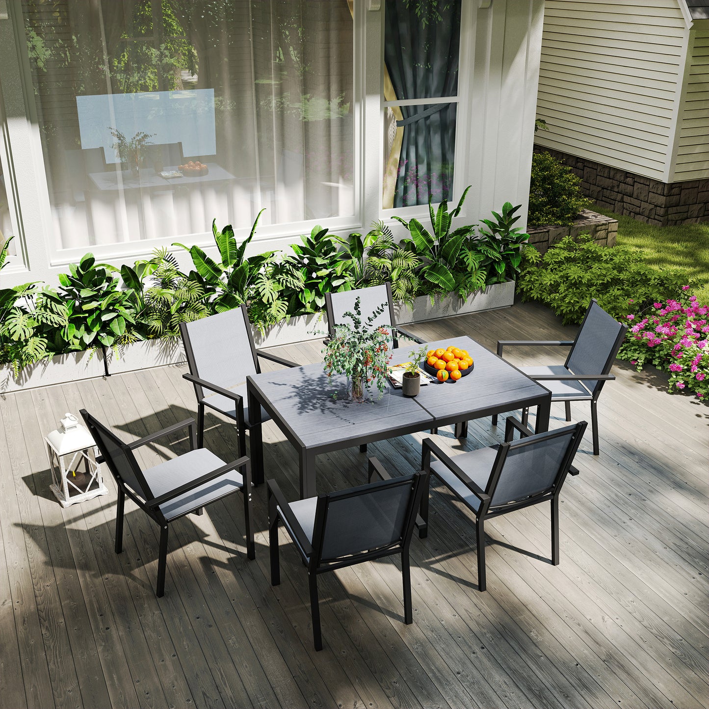 7 Piece Outdoor Dining Set with Rectangular Table and 6 Stackable Chairs, for Backyard, Lawn, Deck, Balcony, Pool Side