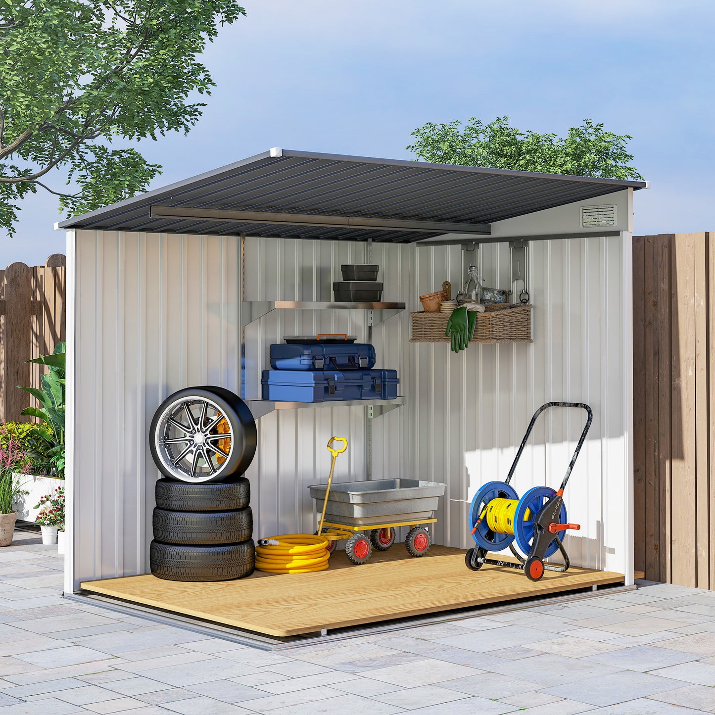 5x7 Garden Shed, Lean-to Metal Storage with Foundation, Sliding Door & 2 Vents for Garden Tools, White