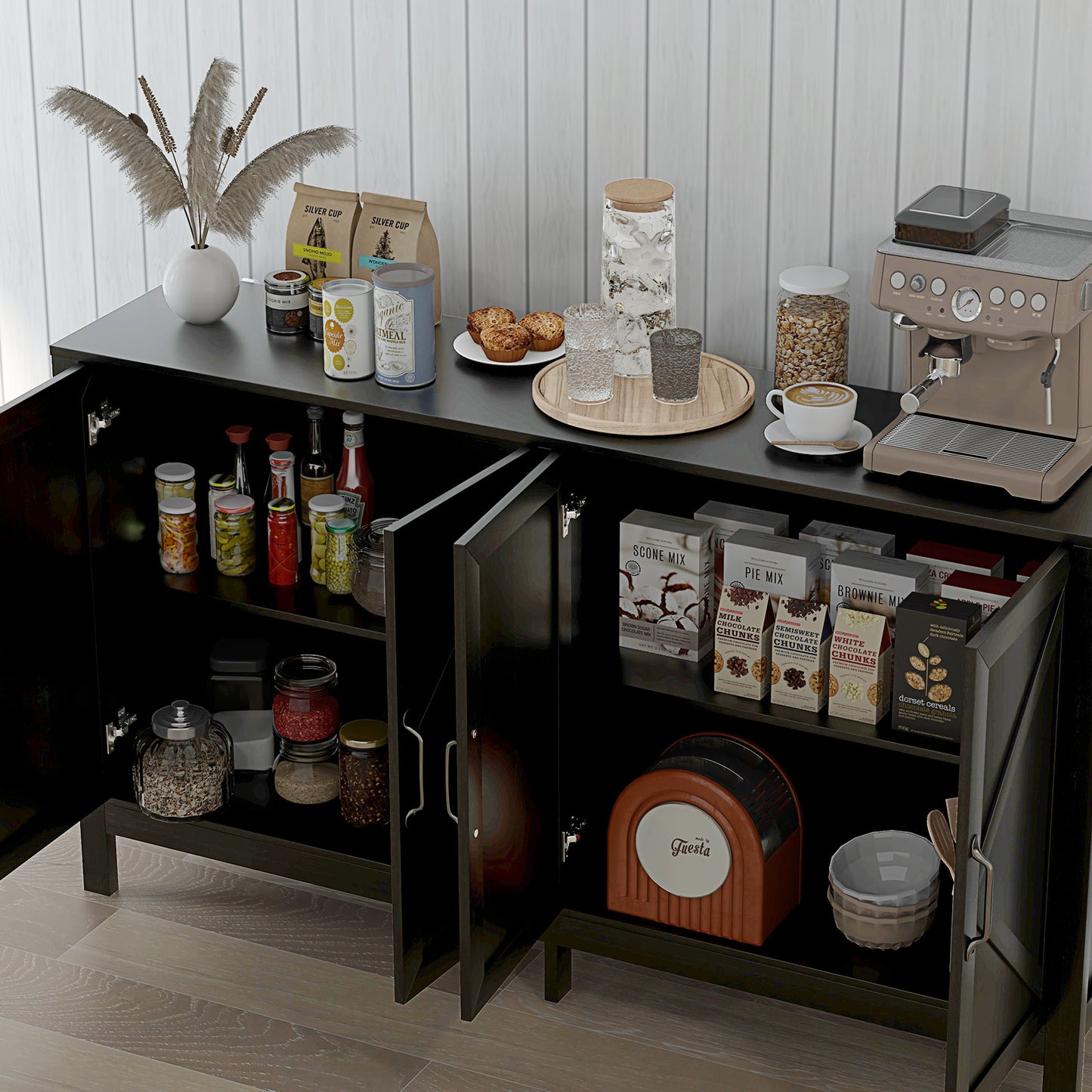 Sideboard Buffet, Storage Cabinet with Barn Door and Adjustable Shelf, TV Stand for TVs up to 65 Inches, Black Oak