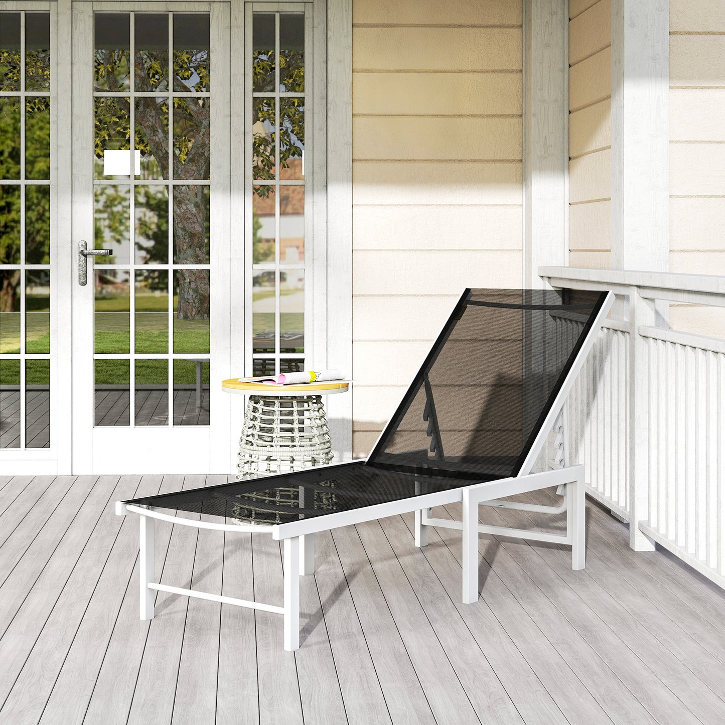 Outdoor Lounge Chair, 5-Position Reclining Outdoor Chaise Lounge Tanning Chair with Mesh Seat, Black