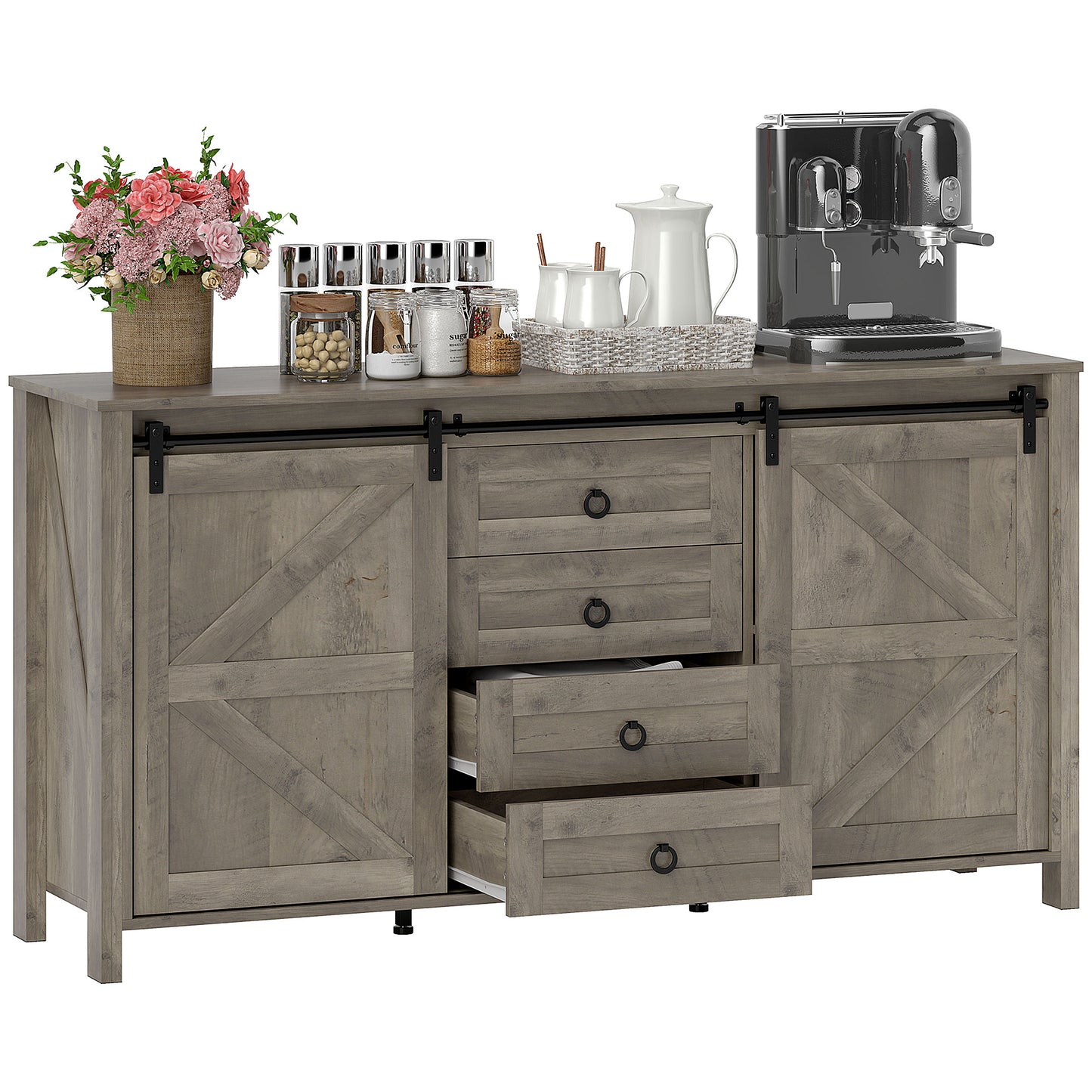 60" Buffet Cabinet, Farmhouse Sideboard with Sliding Barn Doors, Drawers and Adjustable Shelves, Distressed Light Grey
