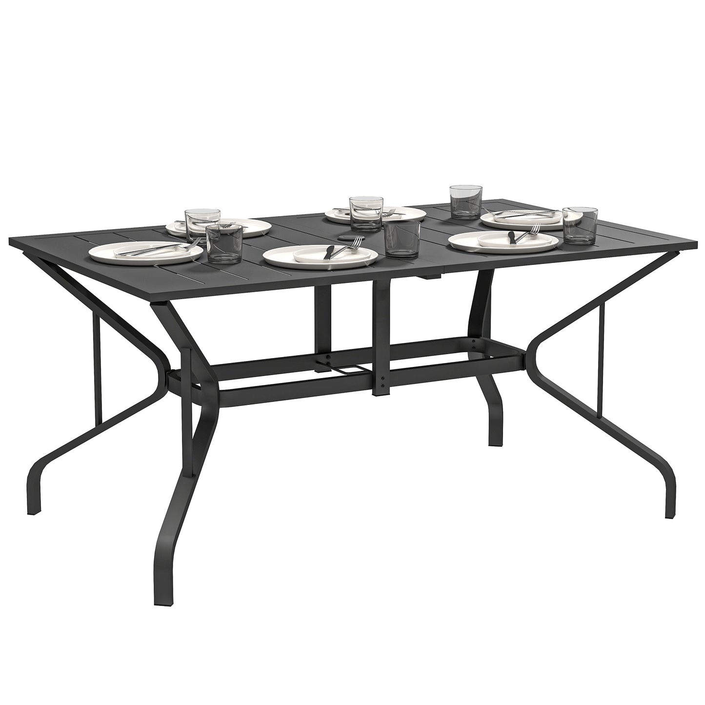 Rectangle Patio Dining Table with Umbrella Hole, Outdoor Dining Table for 6 with Steel Frame for Garden, Balcony, Black
