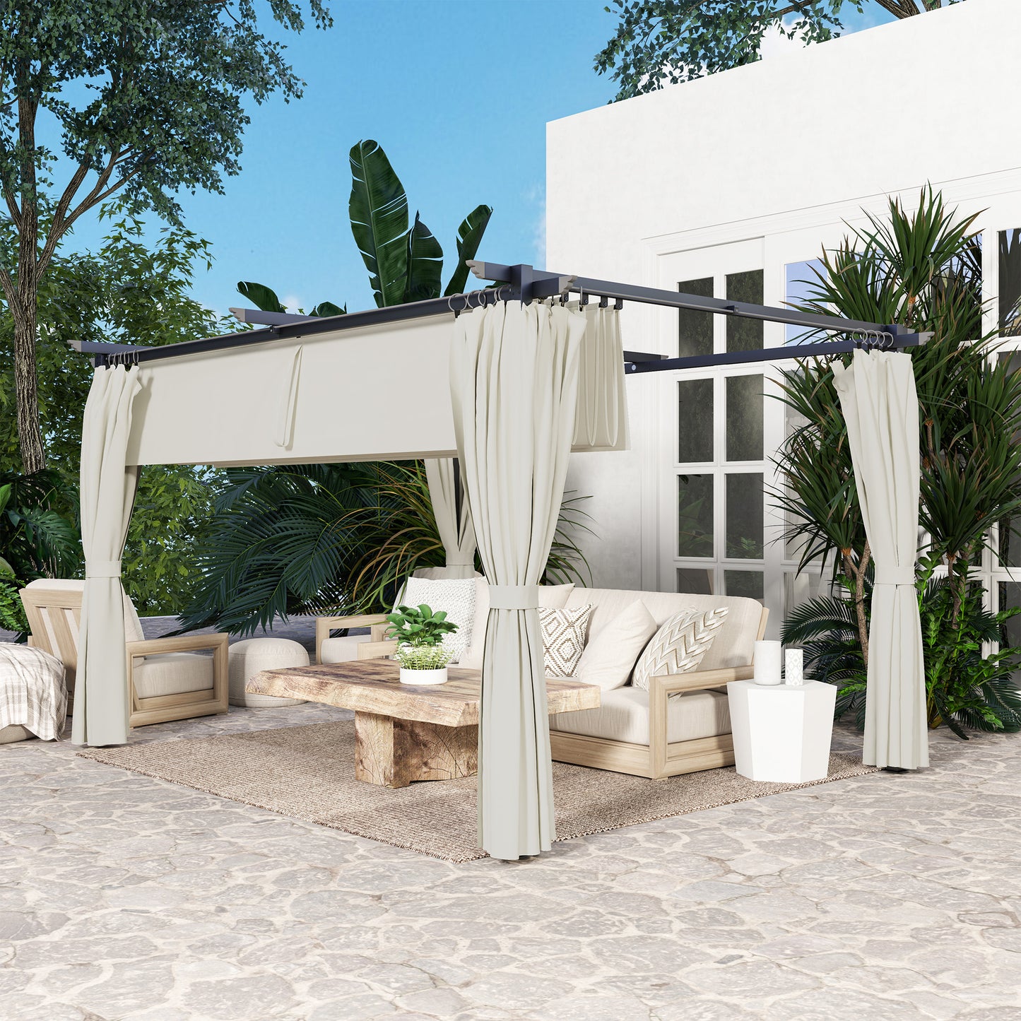 10' x 13' Pergola with Retractable Canopy and Curtains, UPF30+ Sun Shade Shelter for Grill, Garden, Backyard, Deck