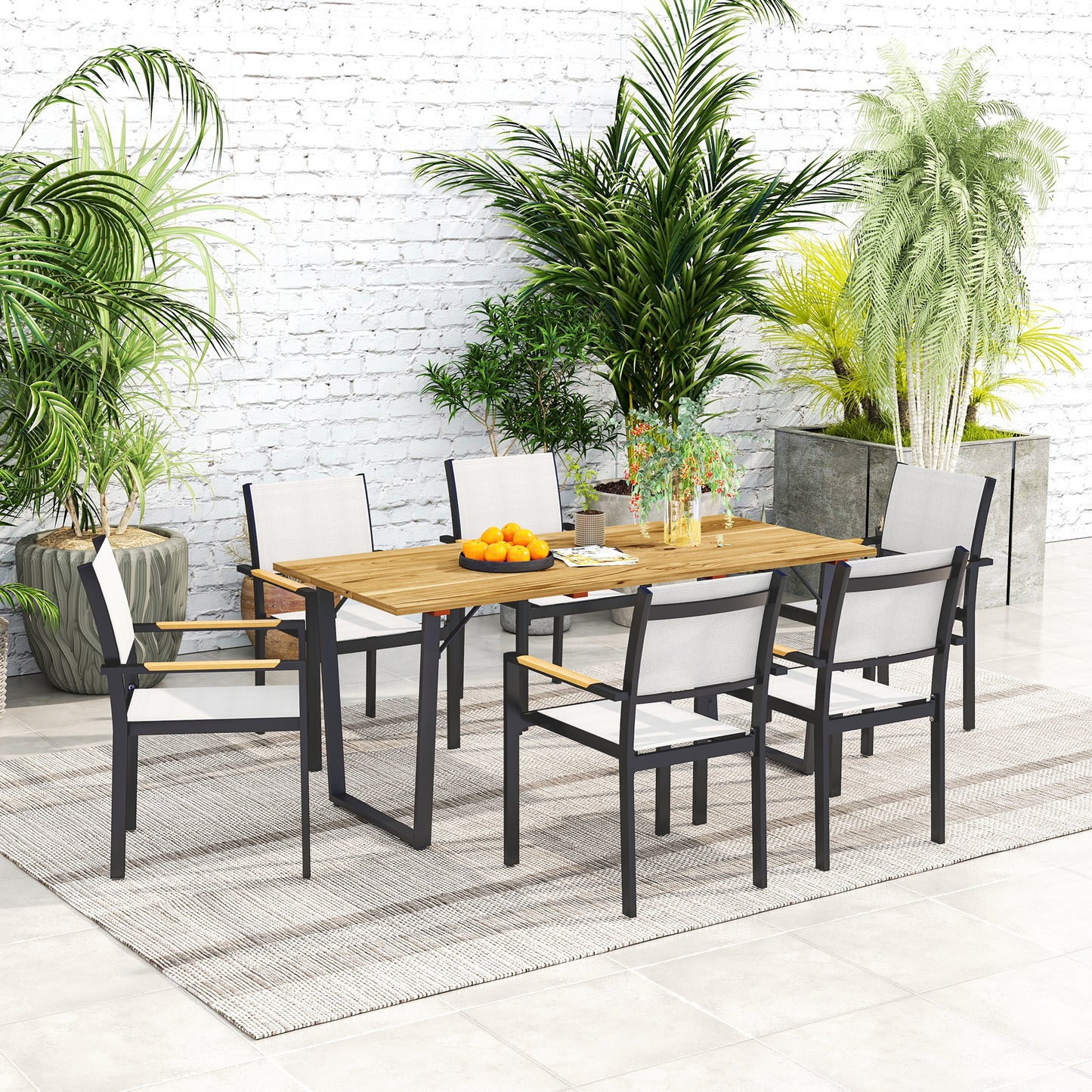 Wooden Outdoor Dining Table for 6 with 2" Umbrella Hole, Slatted Tabletop, Metal Frame, for Yard, Deck, Lawn