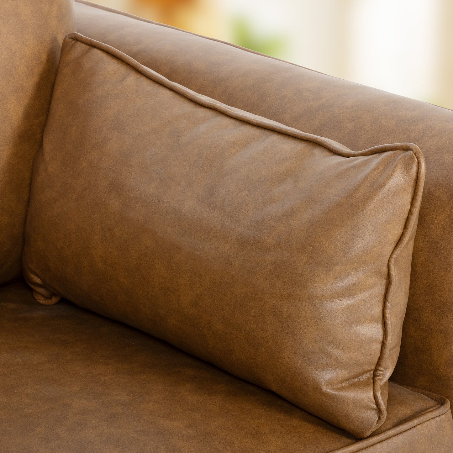 Accent Chair, PU Leather Armchair with Wide Seat, Spring Cushion, Rubberwood legs, 2 Pillows, Brown