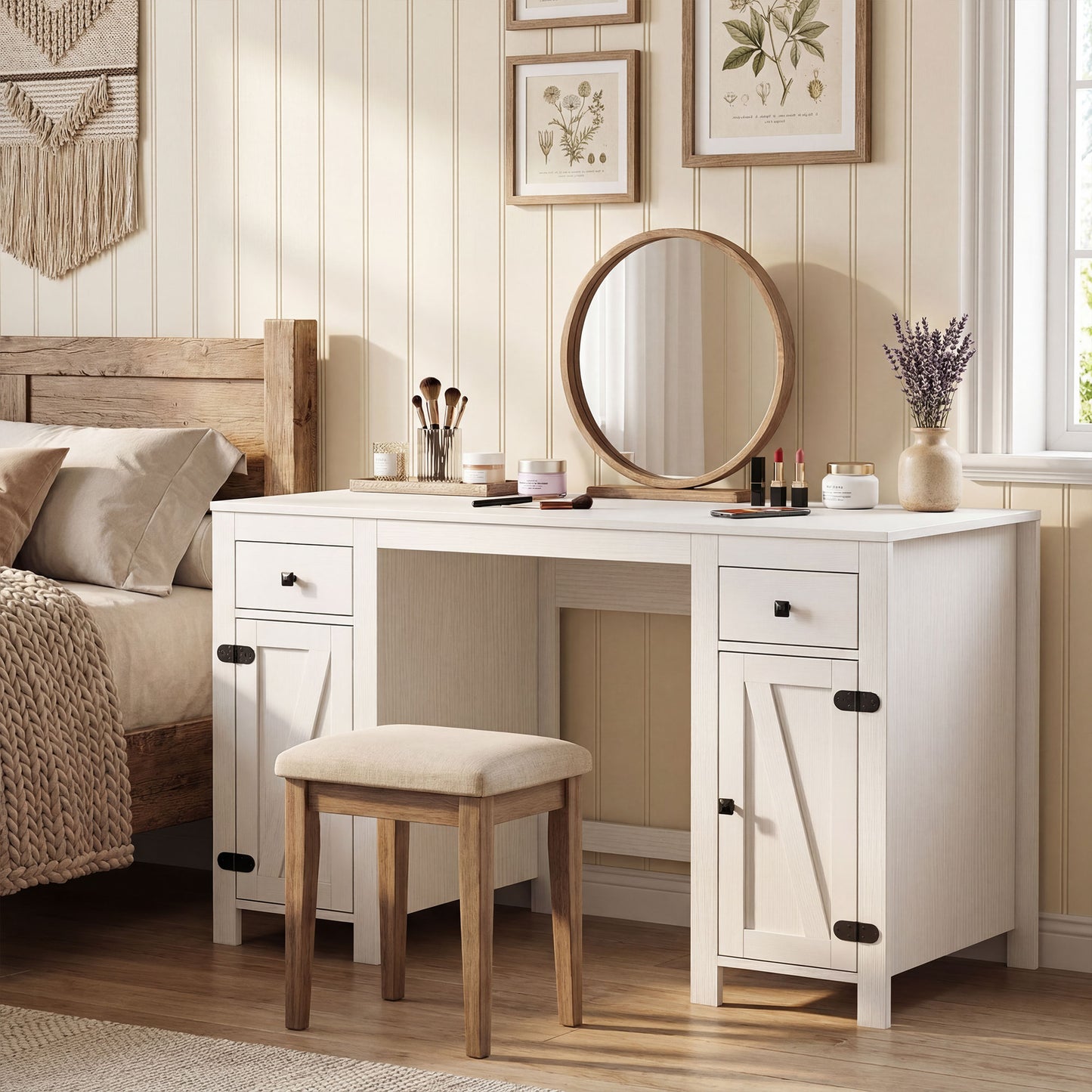 53" Farmhouse Executive Desk, Computer Desk with Drawers and 2 Cabinets, Study Table for Home Office, White Wood Grain