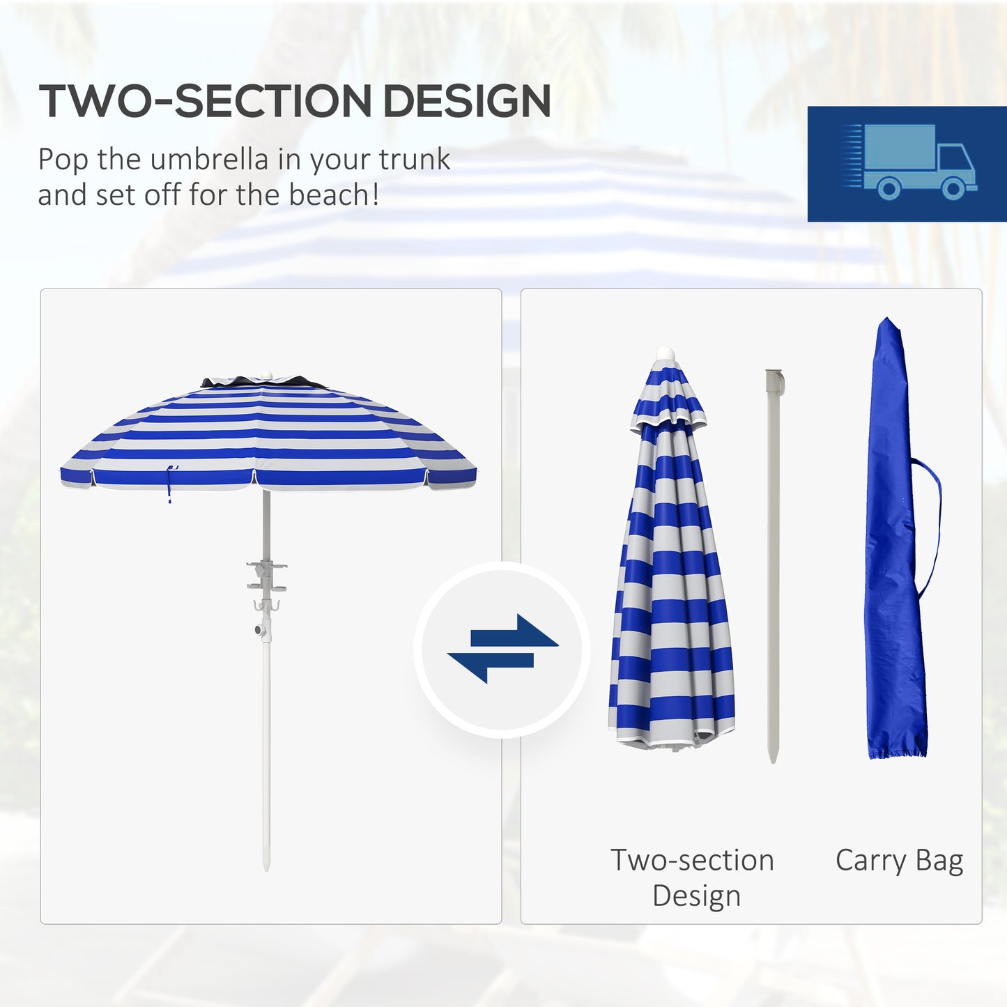 5.7' Beach Umbrella for Travel with Tilt, Adjustable Height, 2 Cup Holders, Hook, Vent, Ruffles, Blue and White