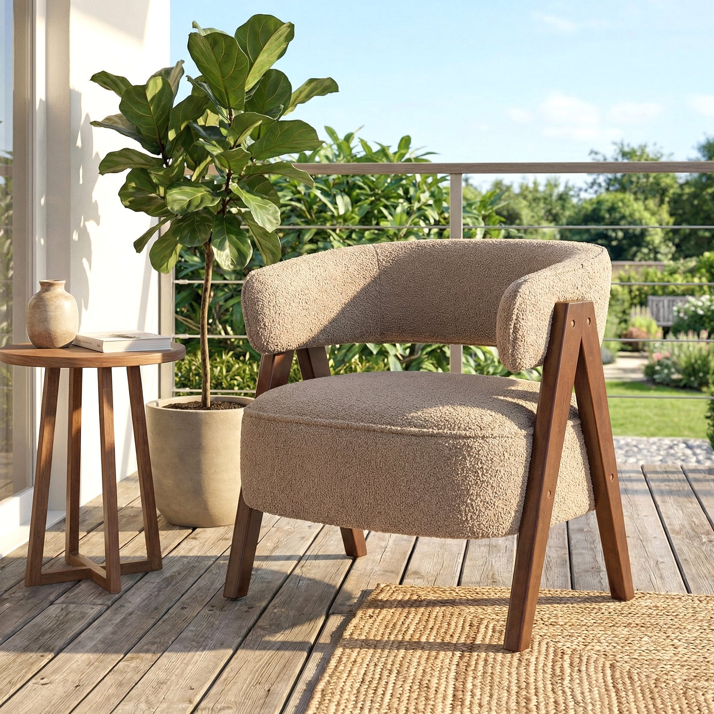 Sherpa Fleece Accent Chair, Upholstered Armchair with Solid Wood Legs and Steel Frame for Living Room, Light Brown