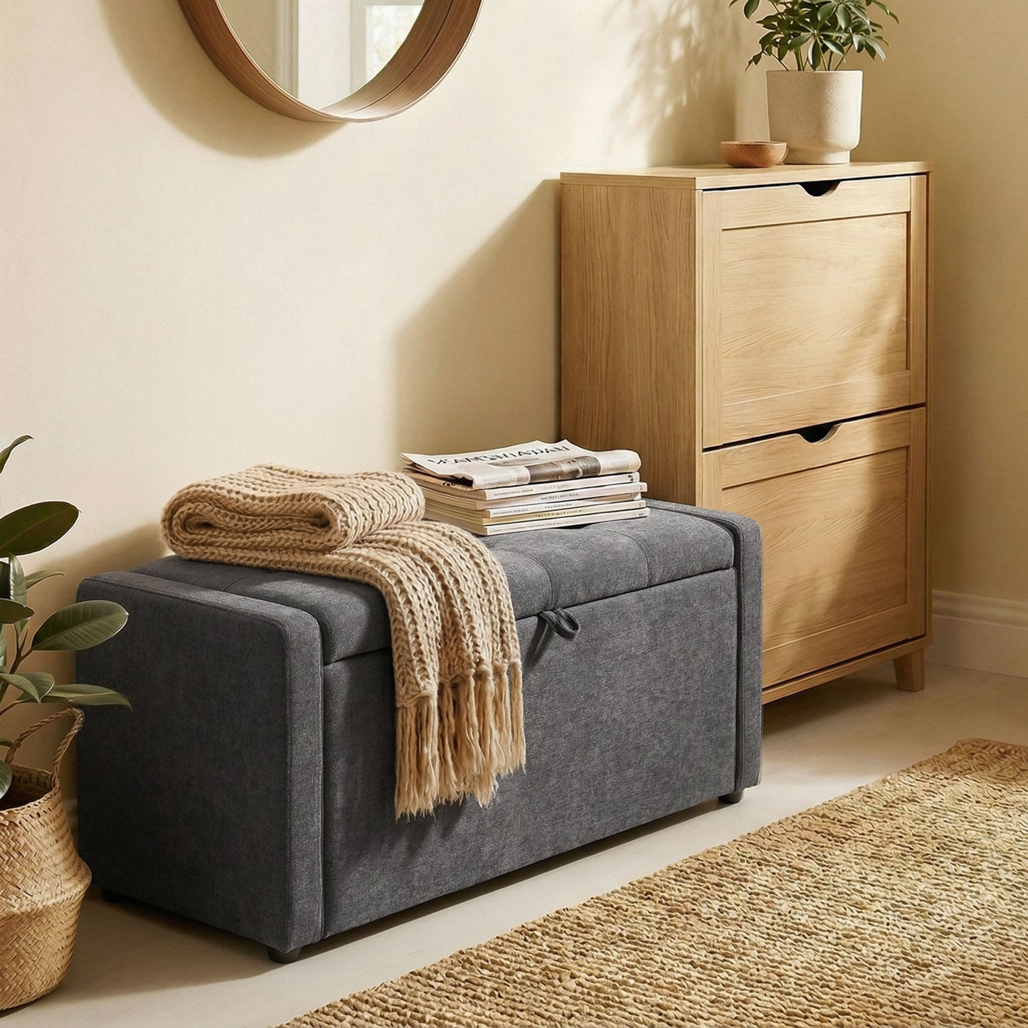 Storage Ottoman Bench, Linen-Look Fabric Upholstered Ottoman with Storage, Wide Padded Seat, Dark Grey
