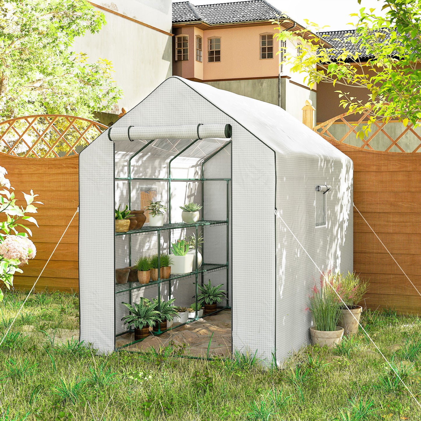 Walk-in Greenhouse with 3 Tier, Garden Plant Growhouse with Roll-up Door and Mesh Windows, 140 x 213 x 190 cm, White