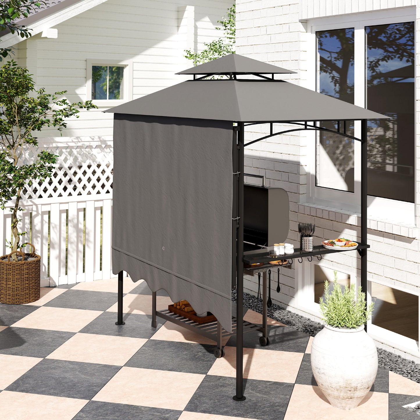 8' x 7.6' Grill Gazebo, Double Tiered Barbecue Grill Gazebo Shelter w/ Side Awning, 2 Side Shelves, 6 Hooks, Dark Grey