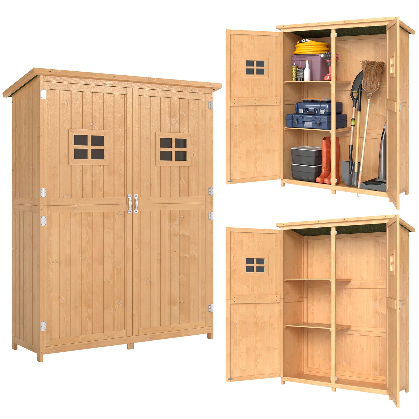 4x1.5ft Wooden Garden Storage Shed, Outdoor Tool Cabinet Organizer with Windows and Double Door, Nature Wood