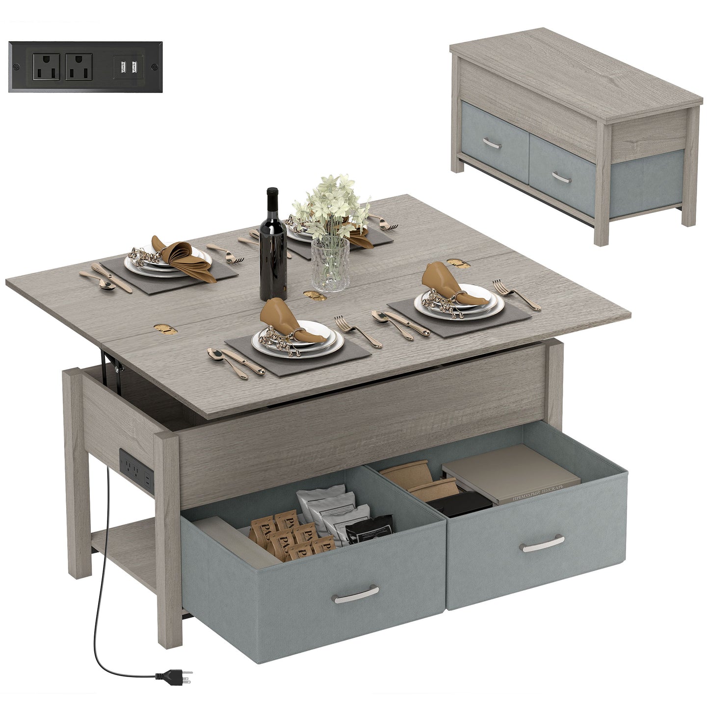 Lift Top Coffee Table, Center Table with 3 Hidden Compartments, 2 Fabric Drawers, Expandable Top and Charging Station