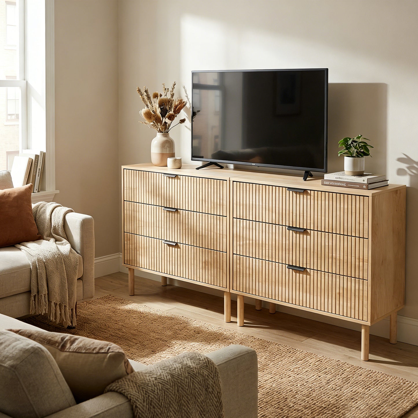 Bedroom Chest of Drawers, 3 Drawer Dresser with Fluted Panels and Solid Wood Legs, Storage Cabinet for Living Room, Oak