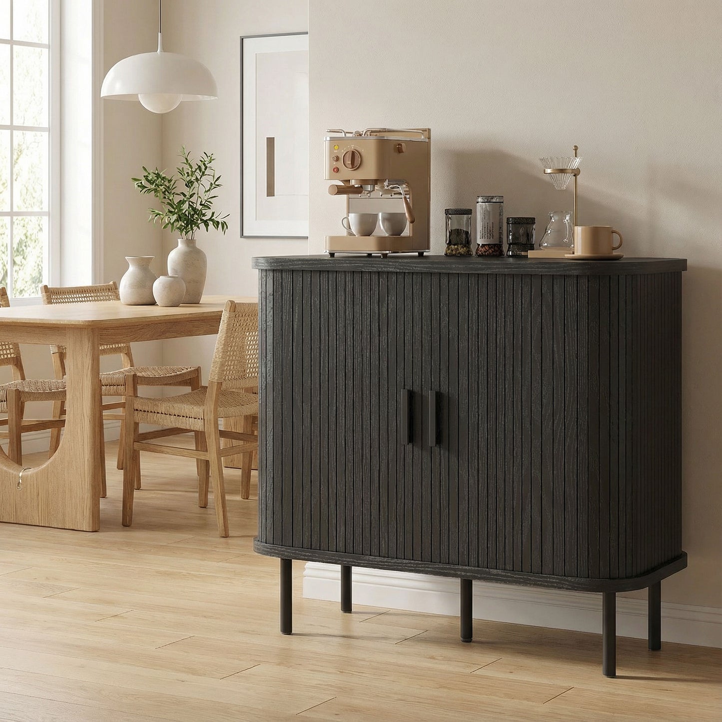 35.4" Sideboard Buffet Cabinet with Storage, Nordic Coffee Bar Cabinet with Slatted Tambour Doors and Metal Legs, Black