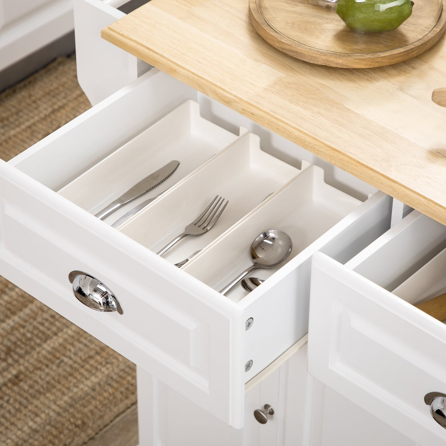 Kitchen Island With Storage Rolling Kitchen Serving Cart with Rubber Wood Top Towel Rack Storage Drawer Cabinet, White