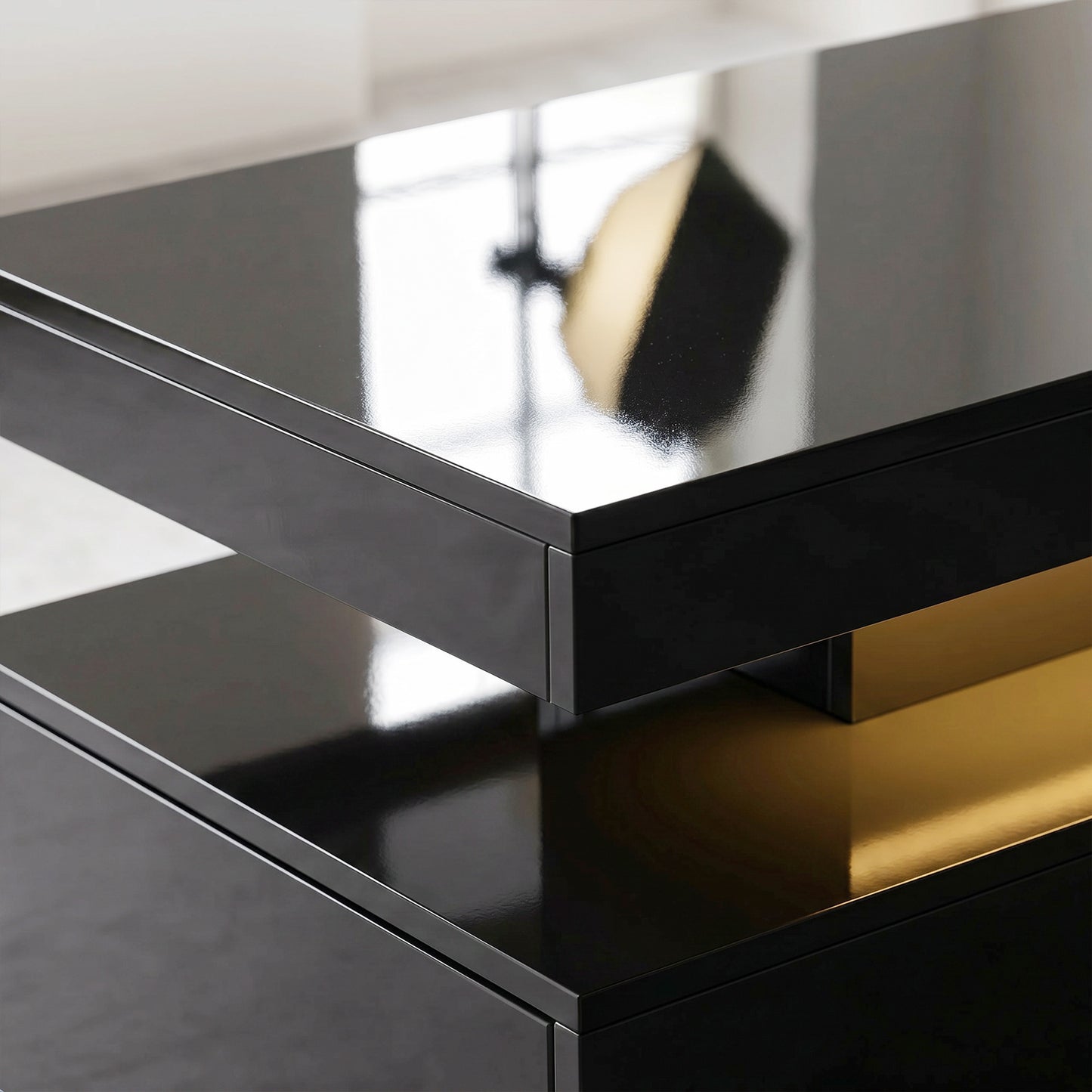 LED Coffee Table with Storage, 2-Tier Modern Center Table with 2 Drawers for Living Room, High Gloss Black