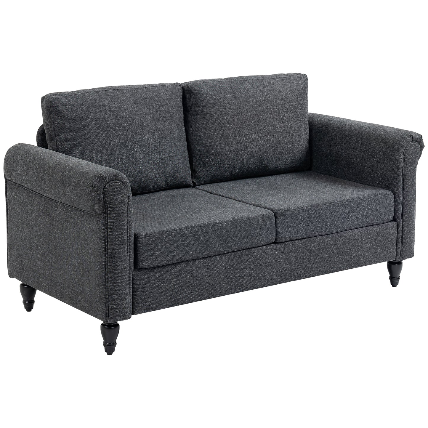 Vintage Loveseat, Upholstered Love Seat Furniture, Chenille-feel Fabric 2 Seater Sofa Couch with Rolled Arms, Gourd-Shaped Rubber Wood Legs for Living Room, Dark Grey