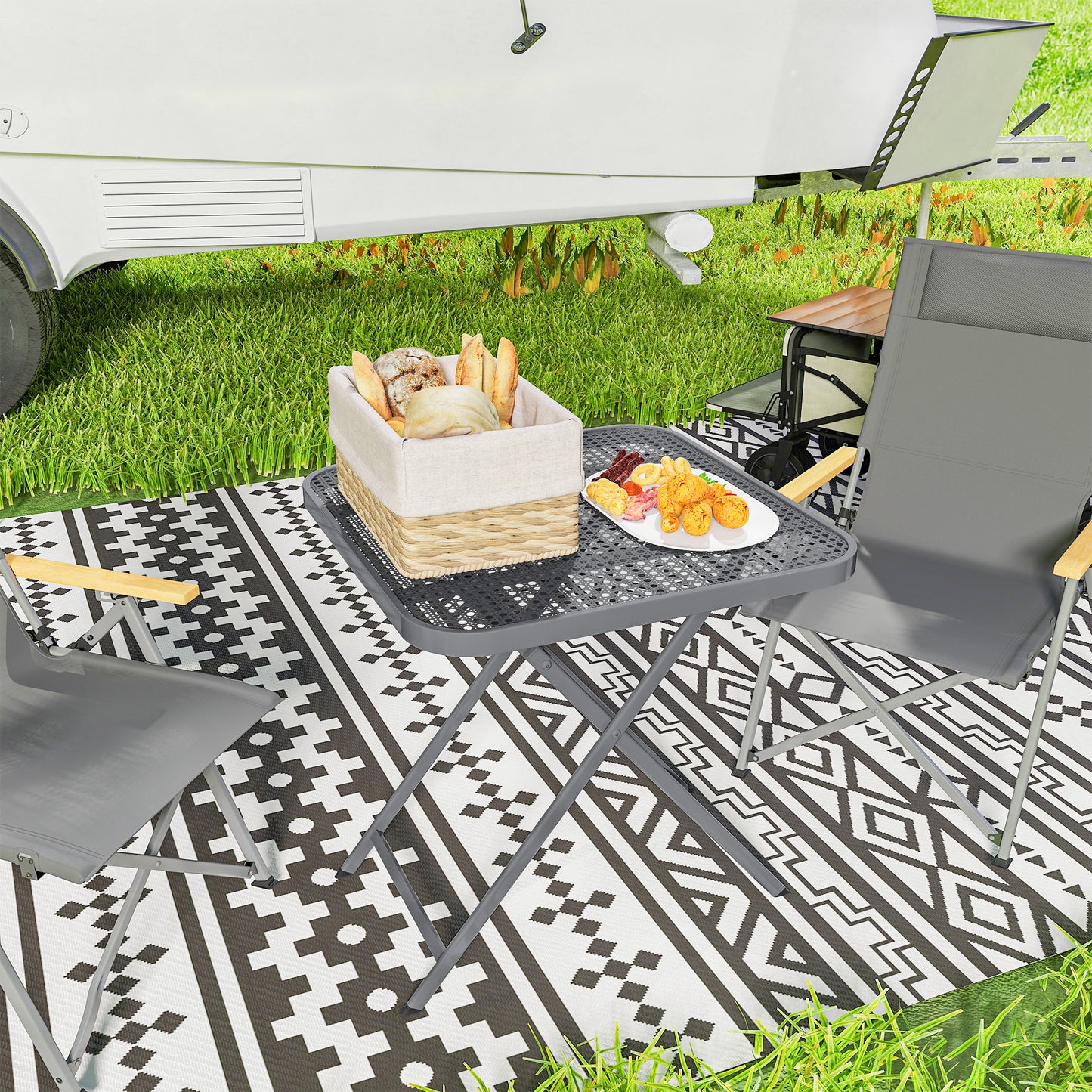 27.5" Square Outdoor Patio Table, Outdoor Folding Table with Grid Rattan-Like Top for Camping, Picnic, Black