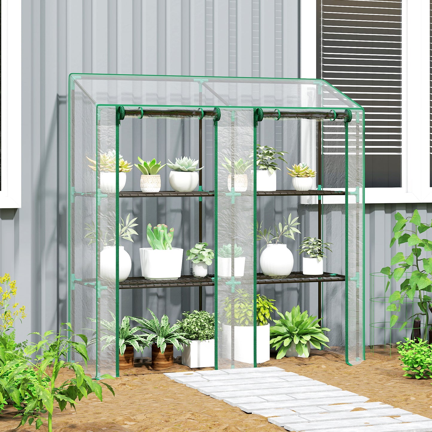 Portable Mini Greenhouse Green House with 3 Tier Shelves, Reinforced Cover, Roll-up Doors, 56.3" x 18.1" x 59.4"