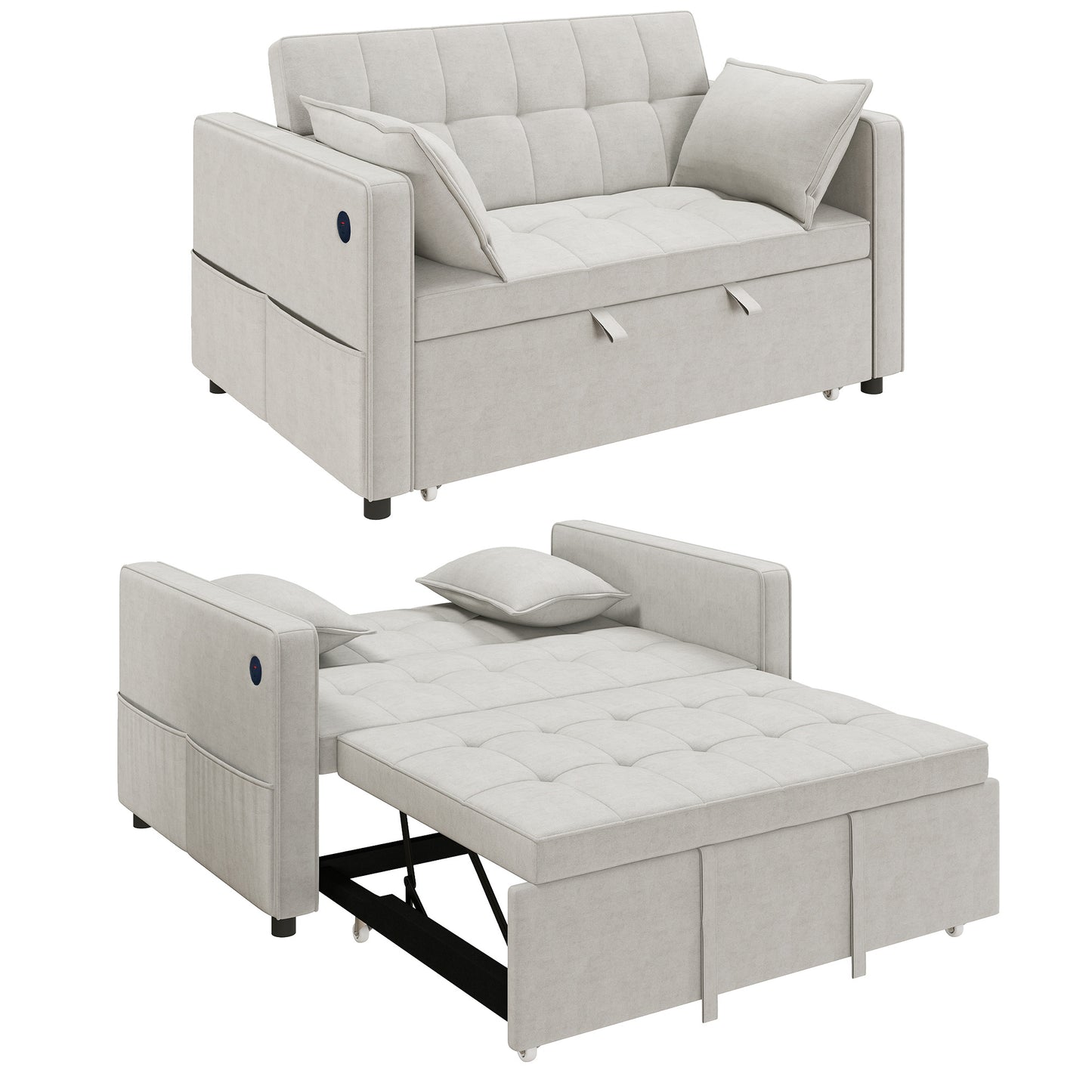3-in-1 Convertible Sofa Bed, Pull-Out Sleeper Sofa with USB Charging, Adjustable Backrest and Side Pockets, Beige