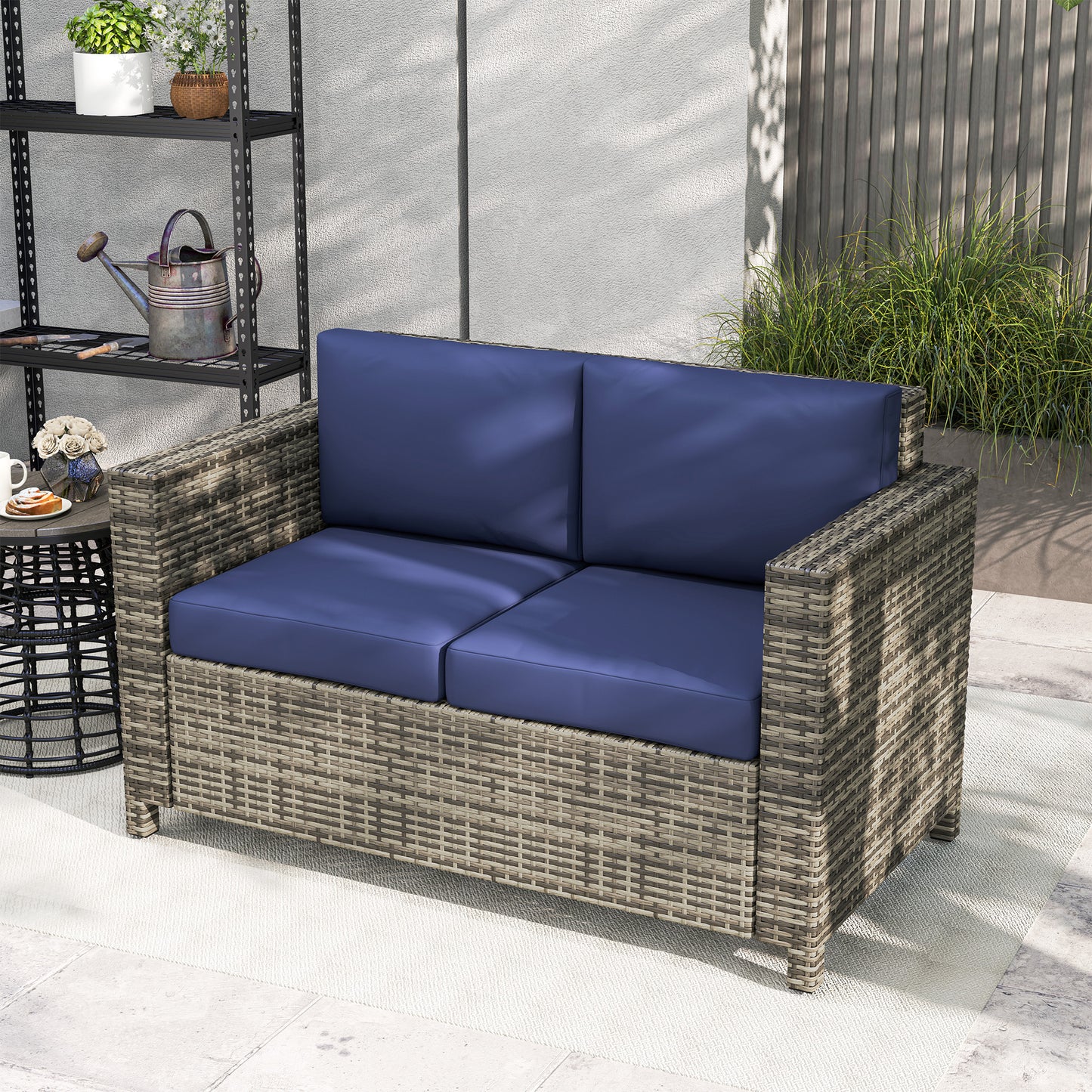 Wicker Outdoor Sofa, All Weather Patio Couch Loveseat with Cushions for Balcony, Deck, Garden, Poolside, Dark Blue