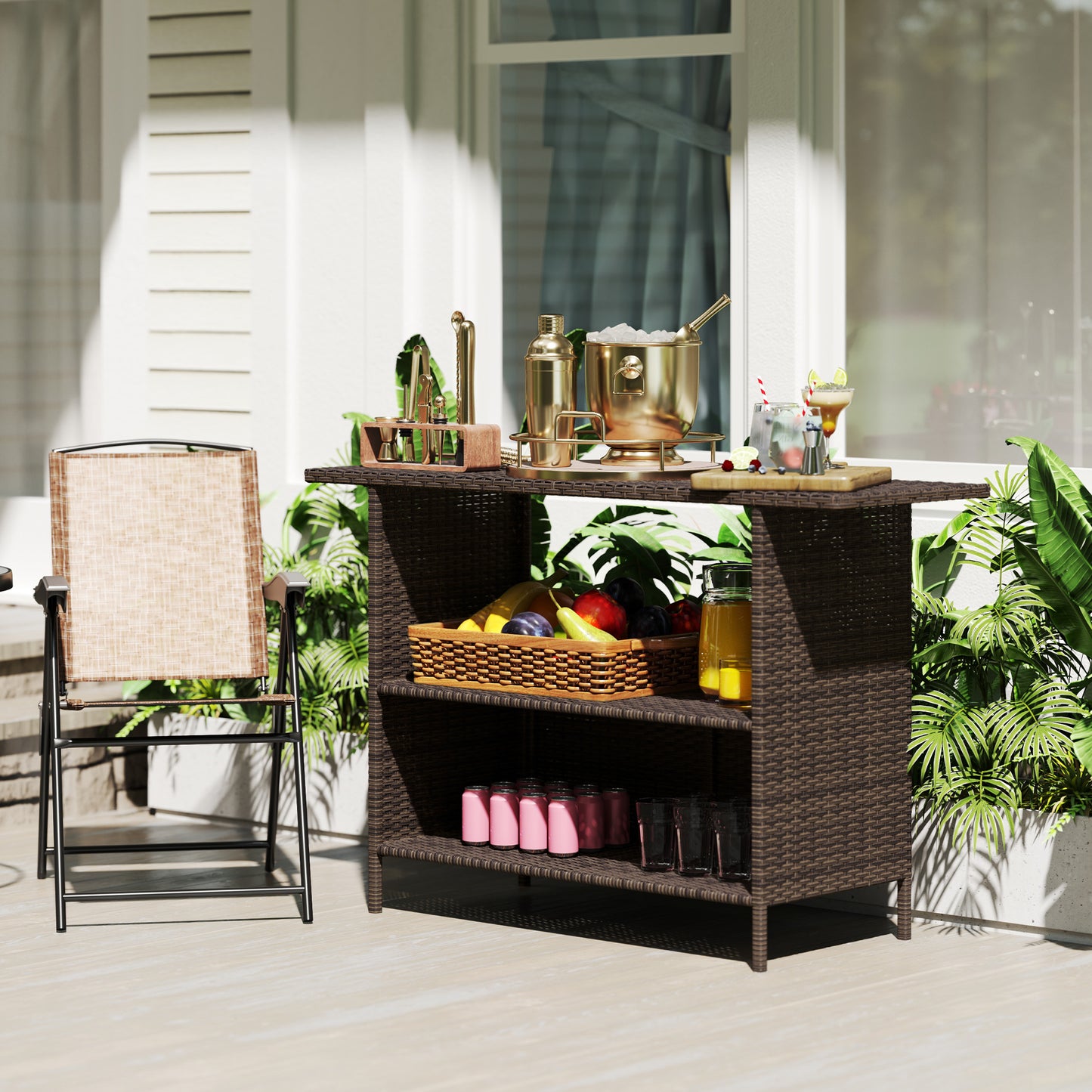 Wicker Outdoor Bar Table, PE Rattan Bar Height Patio Table with 2 Shelves, Steel Frame for Garden, Backyard, Dark Grey