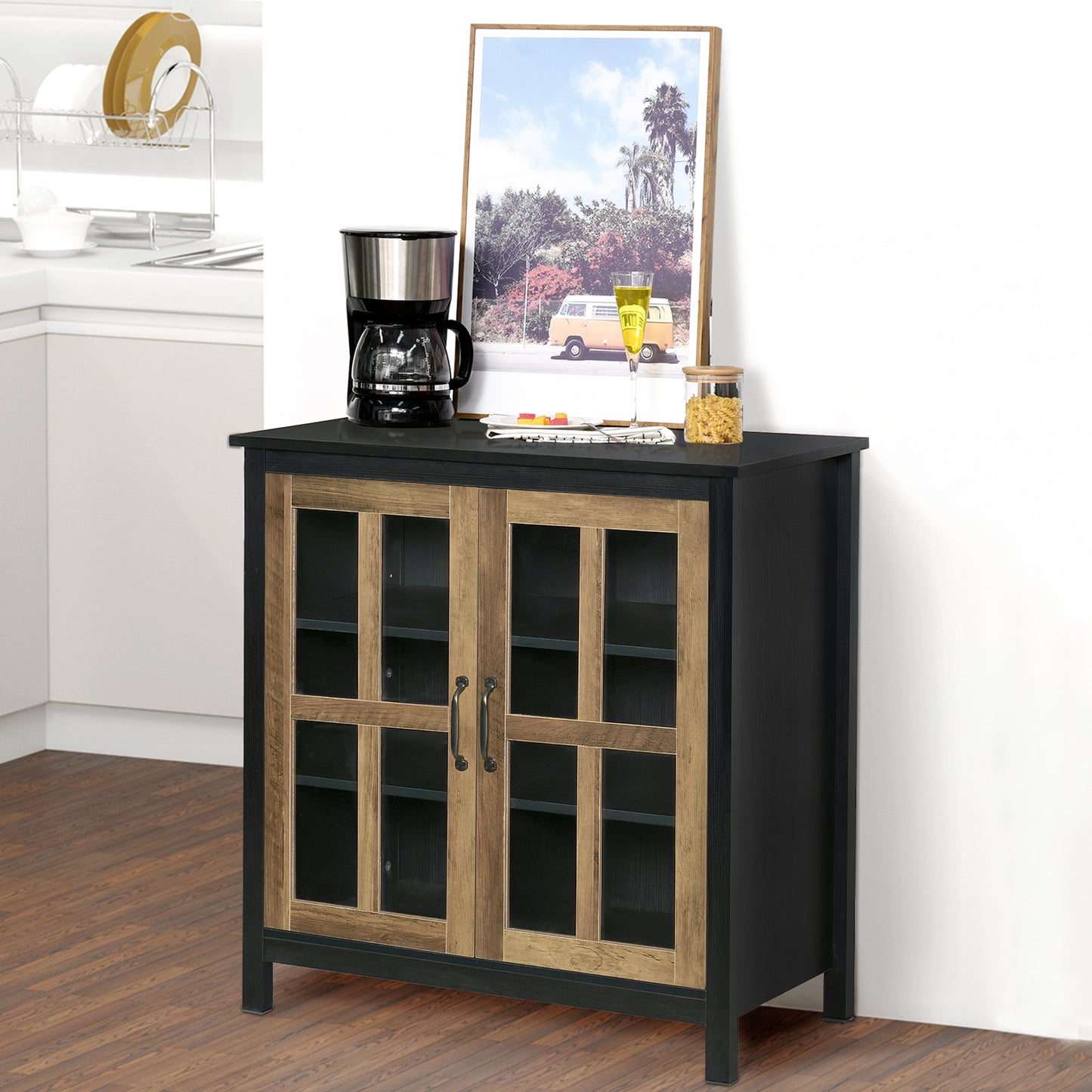 Kitchen Sideboard, Glass Door Buffet Cabinet, Accent Storage Cabinet with 2 Glass Doors and Adjustable Shelf for Dining Room, Living Room, Black Wood Grain