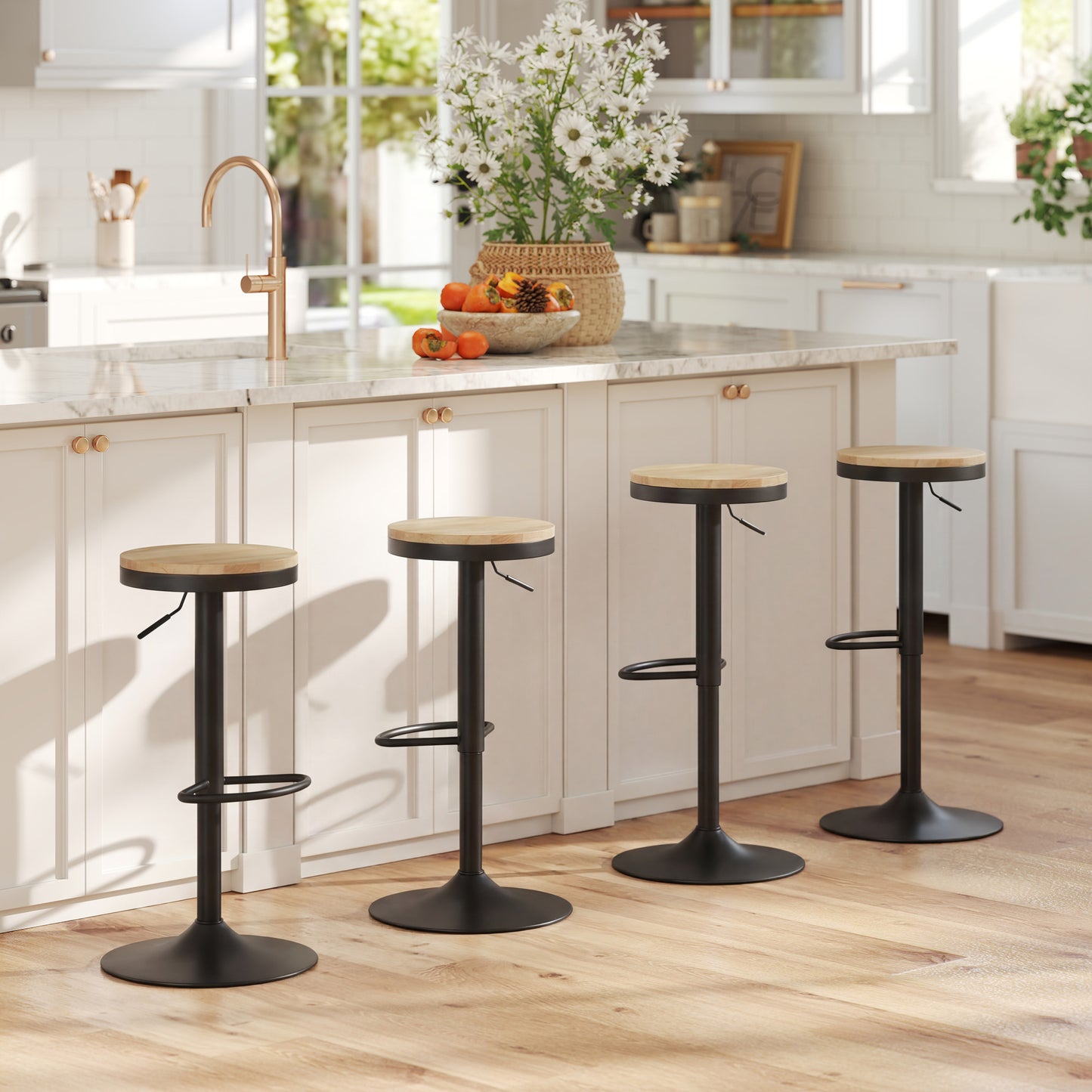 Wood Barstools Set of 2, Swivel Bar Stools with Adjustable Height for Kitchen Counter, Natural Wood and Black