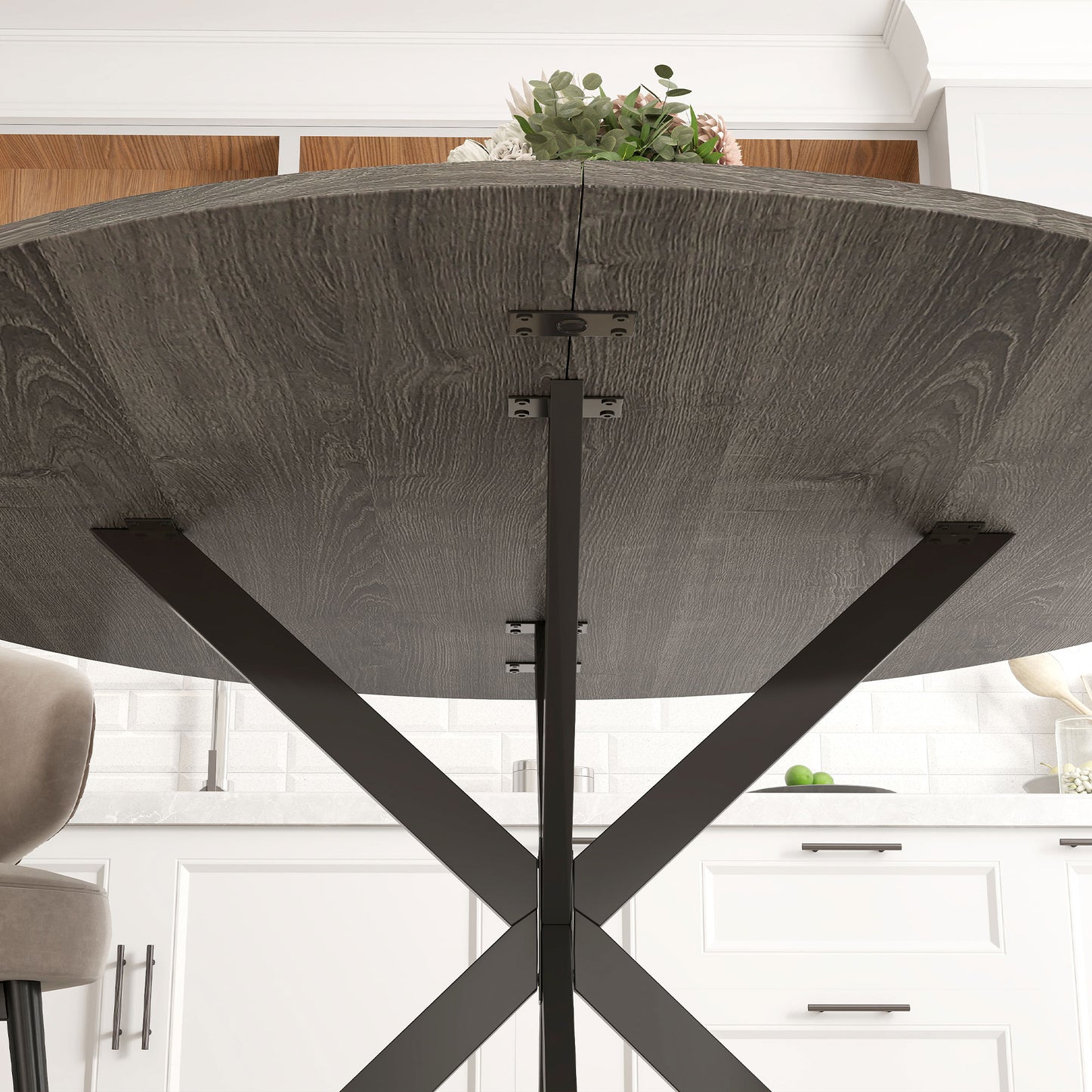47" Round Kitchen Table for 4, Industrial Dining Table with Steel Legs for Dining Room, Grey Wood Grain and Black