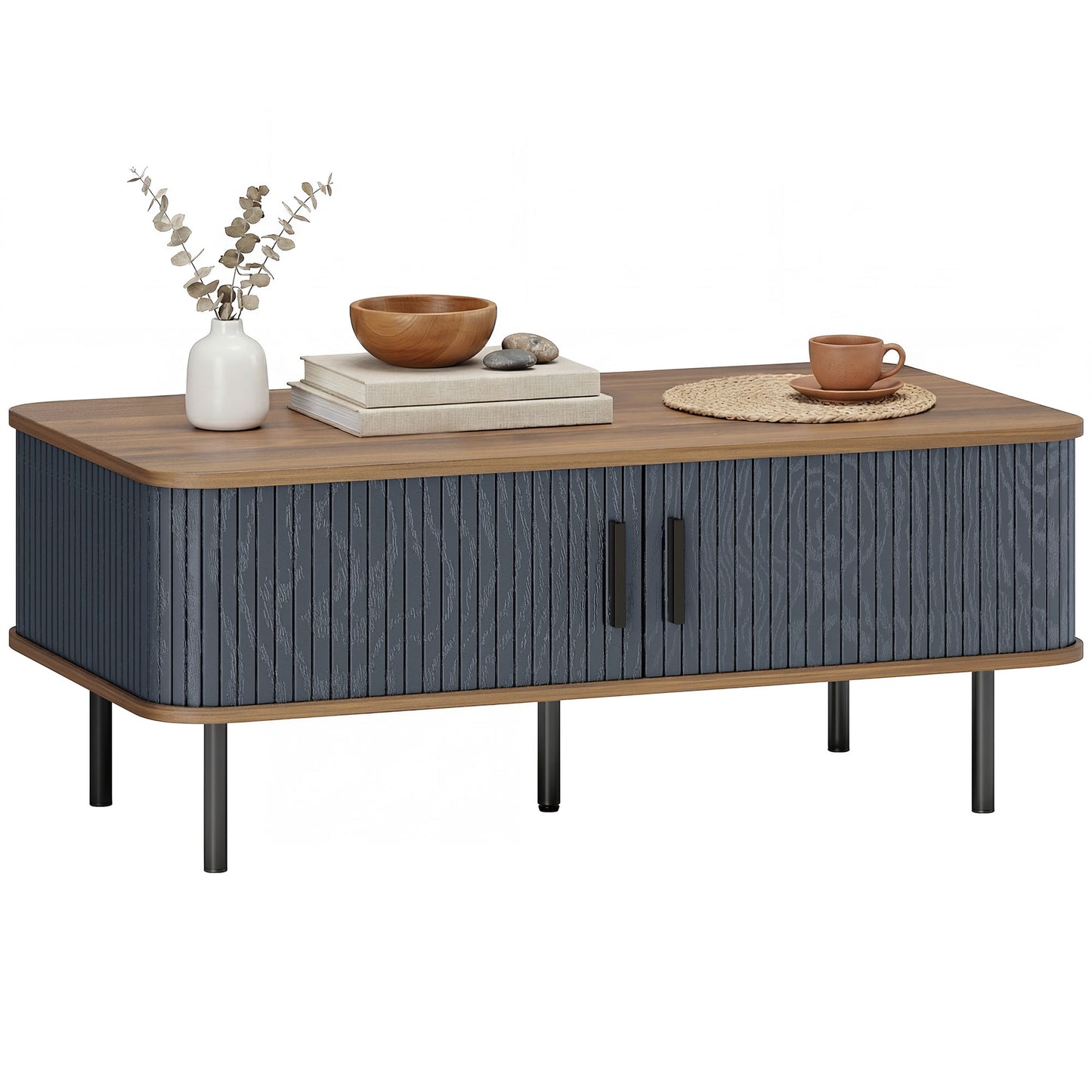 Nordic Side Table with Fluted Tambour Sliding Doors and Steel Legs, Coffee Table with Storage for Living Room, Black