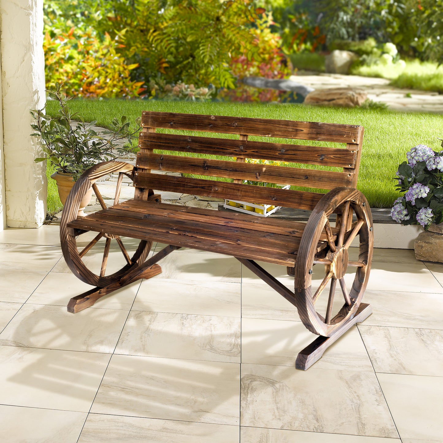 42" Wood Wagon Wheel Bench Garden Loveseat Rustic Seat Relaxing Lounge Chair Outdoor Decorative Seat Park Decor, Brown