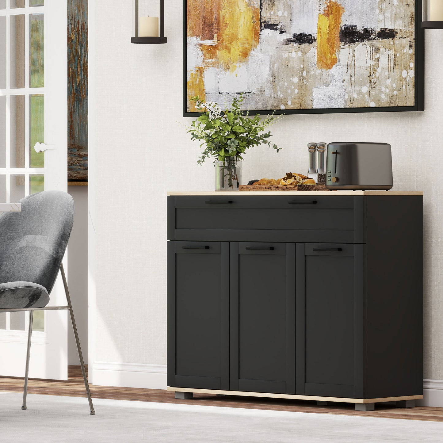 Sideboard Buffet Cabinet, Modern 40" Coffee Bar Cabinet with Wide Drawer, 3 Doors and 2 Adjustable Shelves, Black