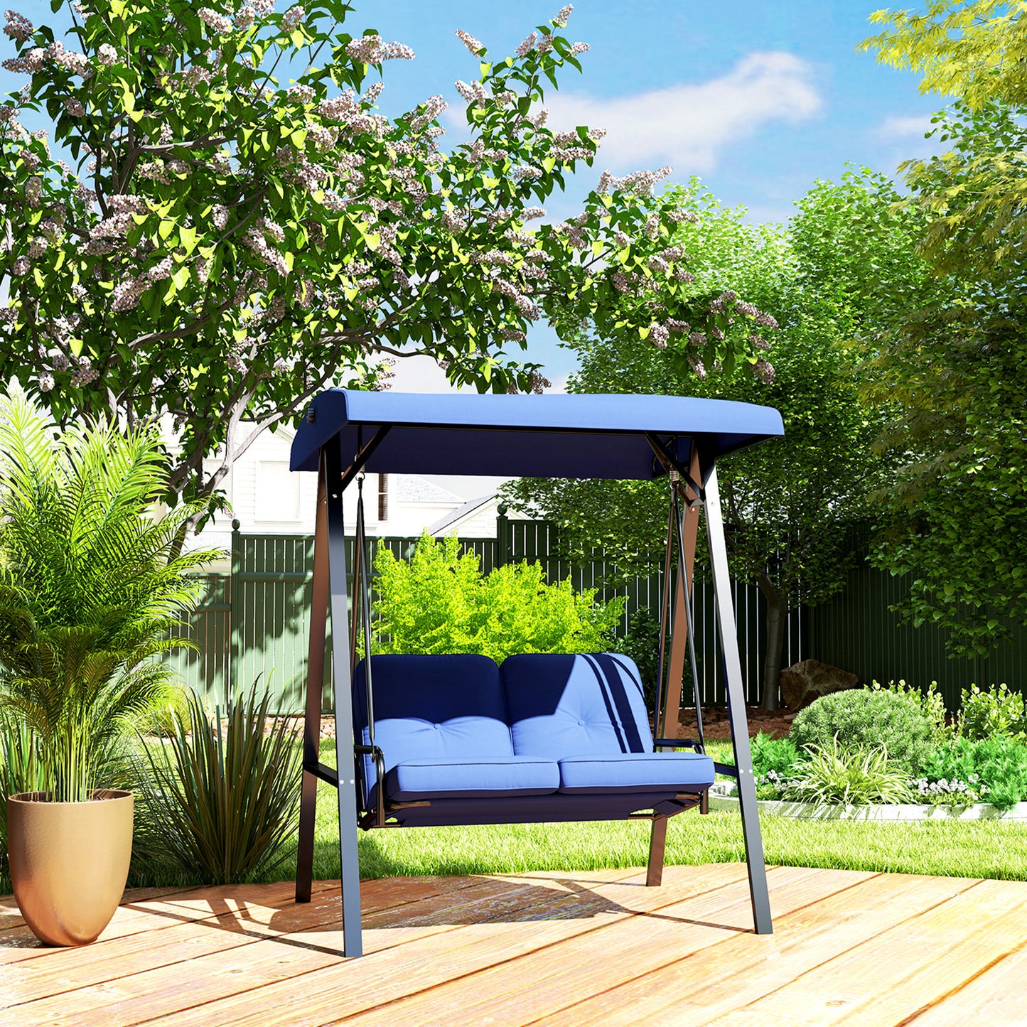 2-Seater Outdoor Porch Swing with Adjustable Canopy, Patio Swing Chair for Garden, Poolside, Backyard, Dark Blue