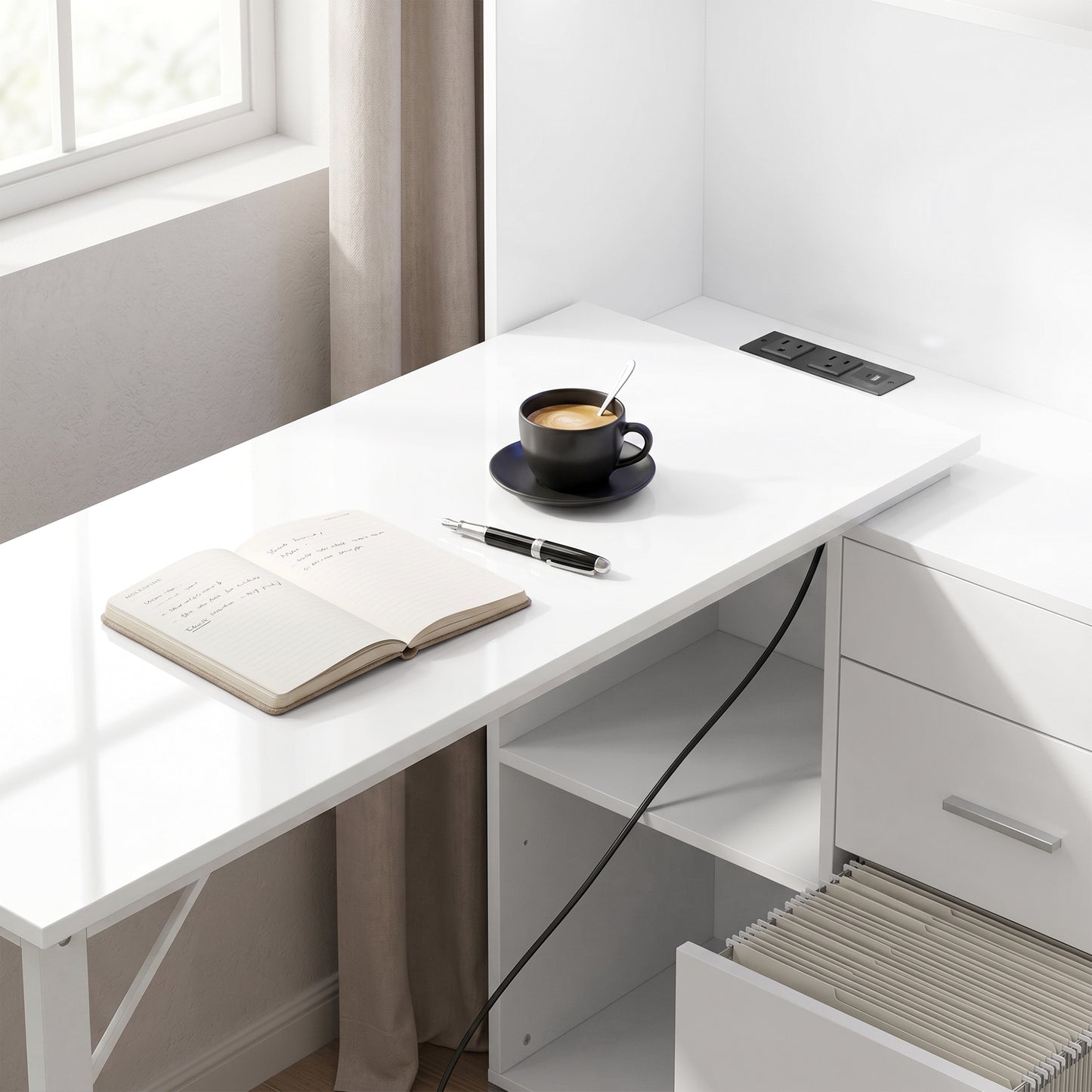 54" Computer Desk with Drawers, Home Office Desk with Storage, Power Outlets and LED Lights, White