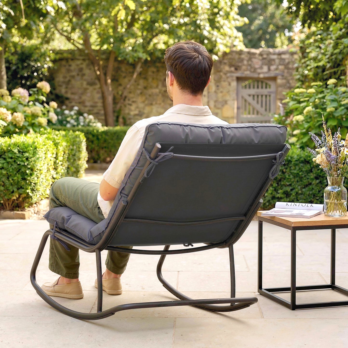 Outdoor Rocking Chair, Oversized Rocking Patio Chair with 25" Extra Wide Mesh Seat and Cushion, Dark Grey