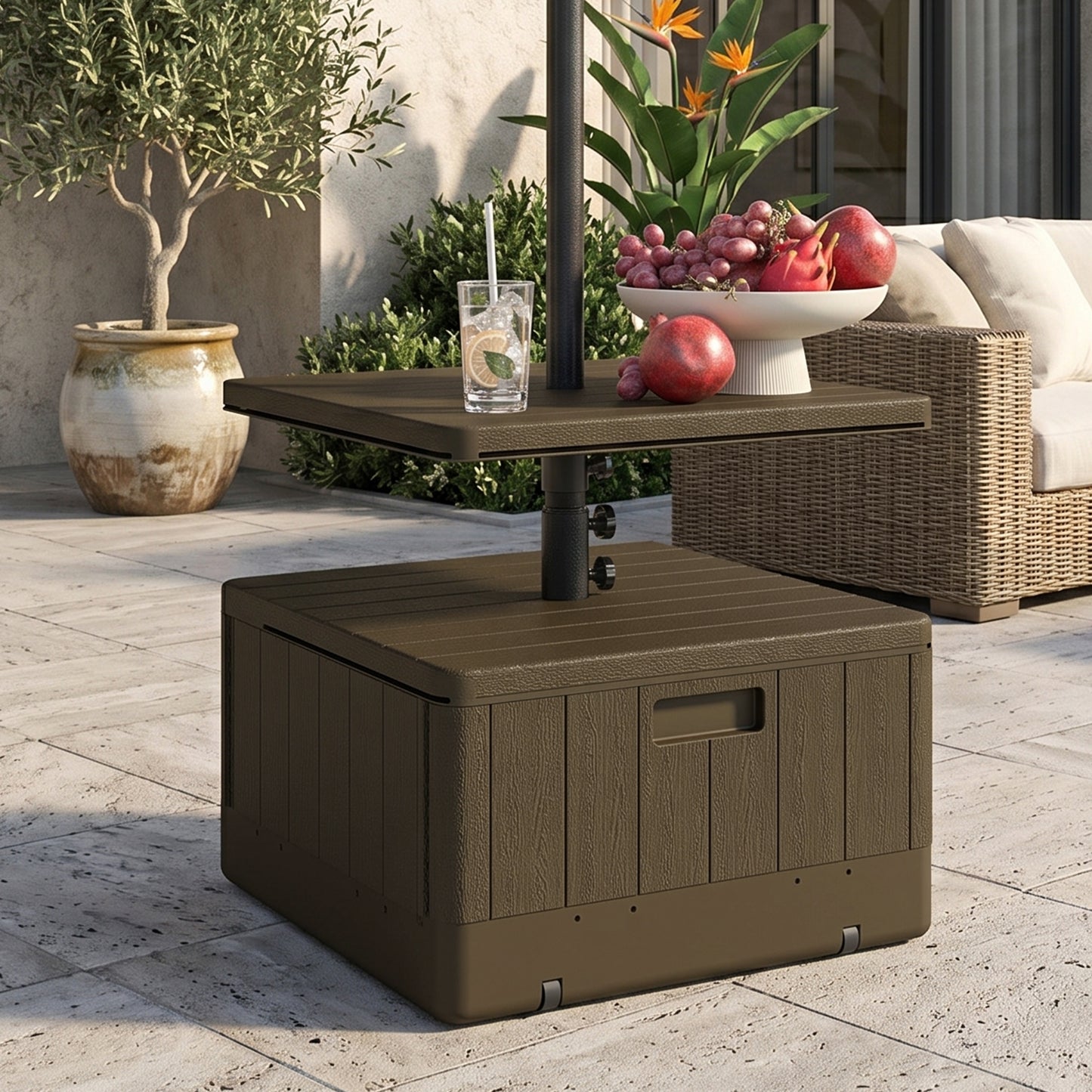 Patio Umbrella Weighted Base with Table Tray, Heavy Duty Umbrella Base with Wheels Handles, Brown