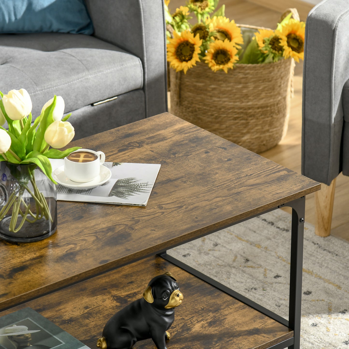 Industrial Coffee Table with Storage Shelf, 2-tier Center Table for Living Room, Rustic Brown
