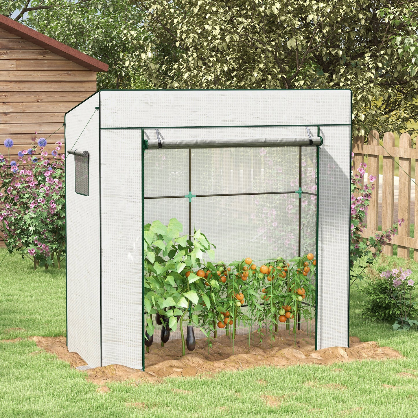 Walk-in Tomato Greenhouse Lean-to Green House with Reinforced PE Cover, Roll-up Door, Mesh Windows, White