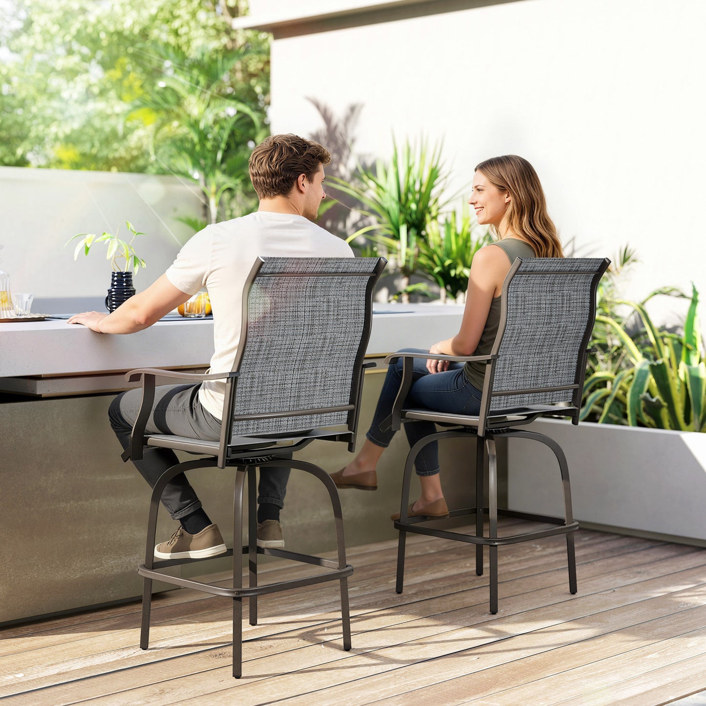 Outdoor Bar Stools Set of 2, Swivel Bar Height Chairs with High Back, Curved Armrests and Steel Frame, Mixed Grey