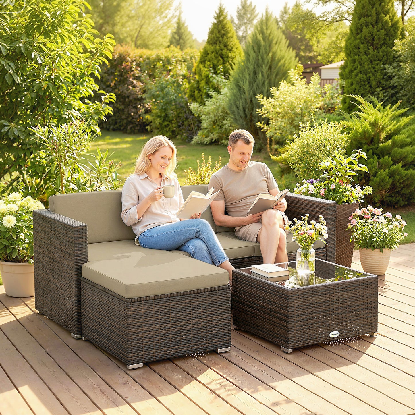 3 Pieces Patio Furniture Set with Cushions, Outdoor PE Rattan Wicker Conversation Corner Sofa Set, Khaki