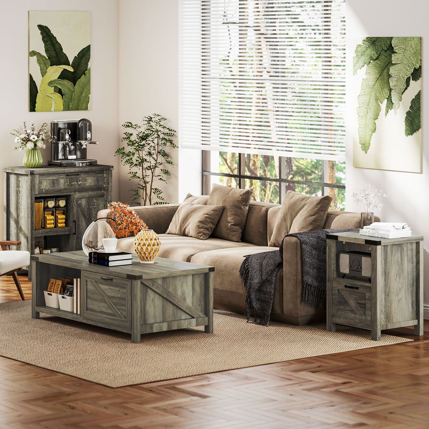 Farmhouse Coffee Table with Drawer and Storage Shelf, Rustic Center Table for Living Room, Meeting Room, Grey