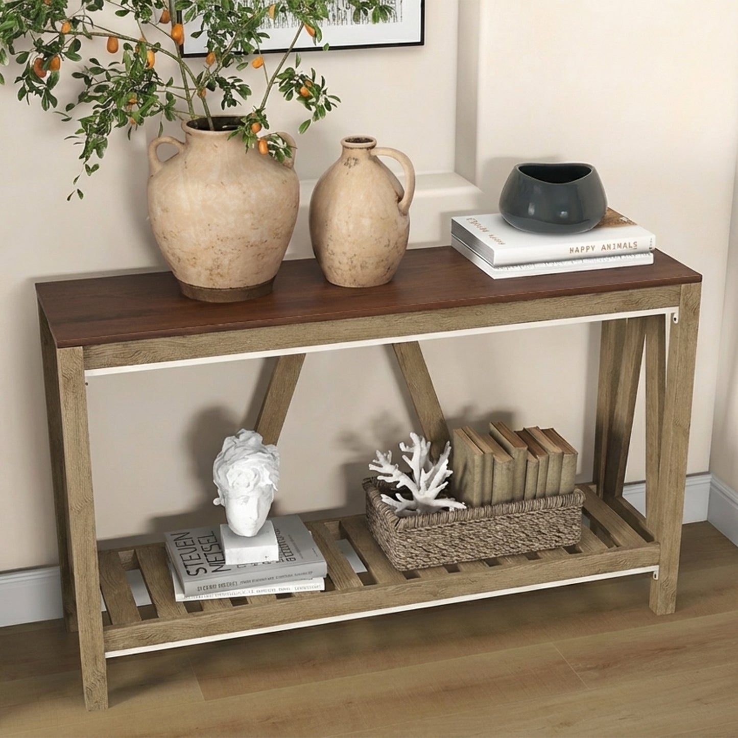 52" Console Table, Farmhouse Narrow Entryway Table with Storage Shelf, Rustic Sofa Table with Anti-tipper for Living Room and Hallway, Oak