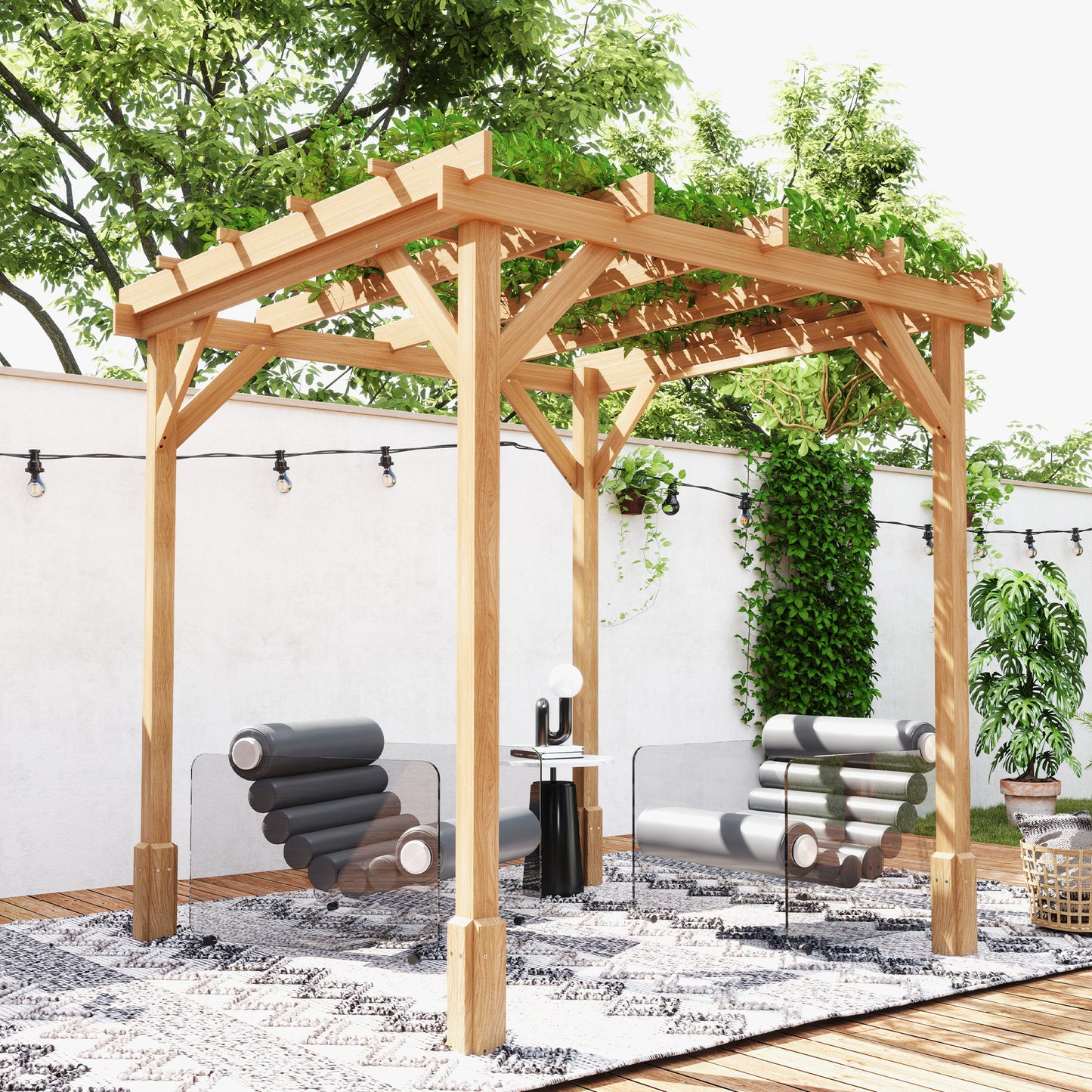 6.6' x 6.6' Wood Pergola, Outdoor Gazebo Grape Trellis with Stable Structure for Climbing Plant Support, Dark Brown