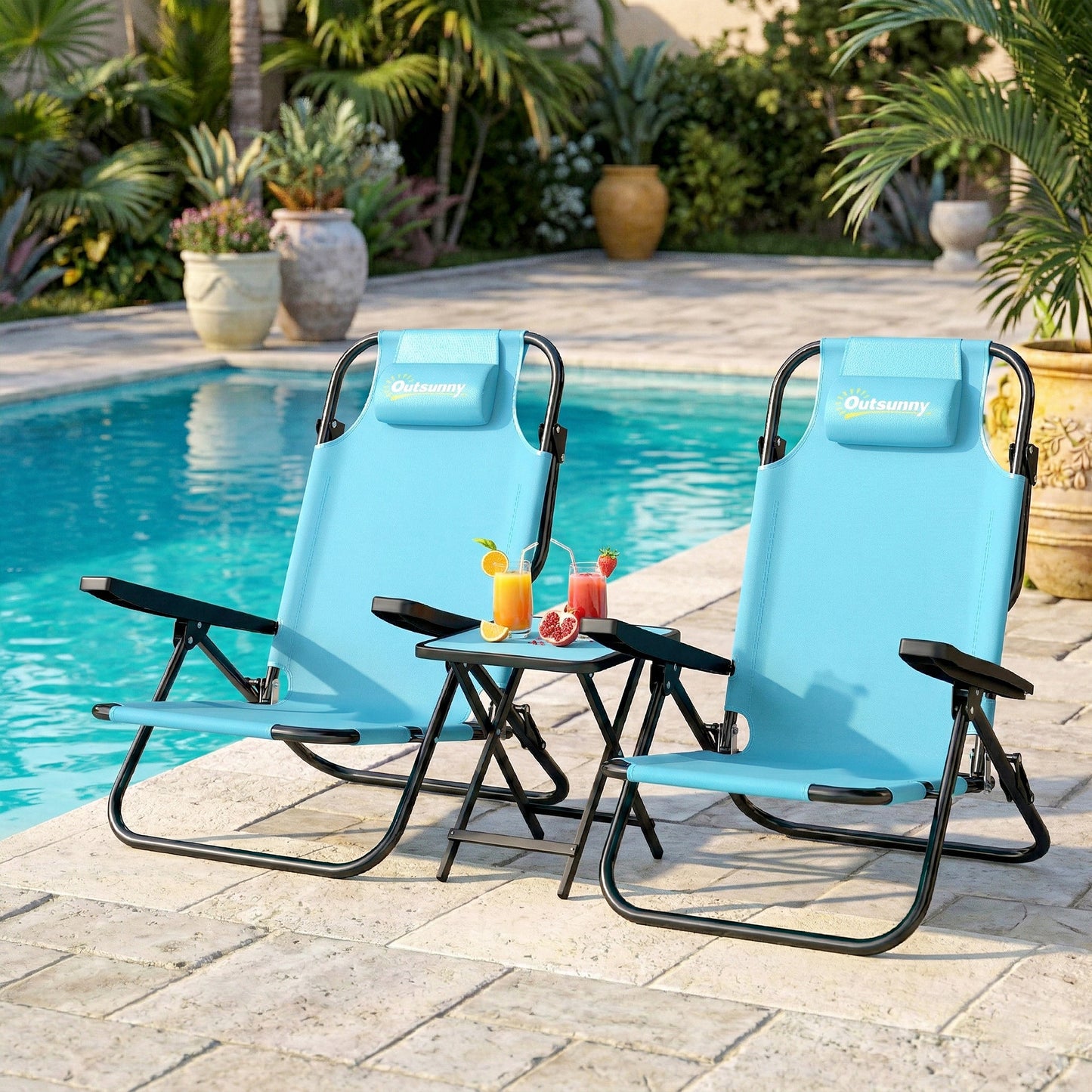 Set of 2 Beach Chair 5-Position Adjustable Folding Camping Chair with Headrest Armrests Light Blue